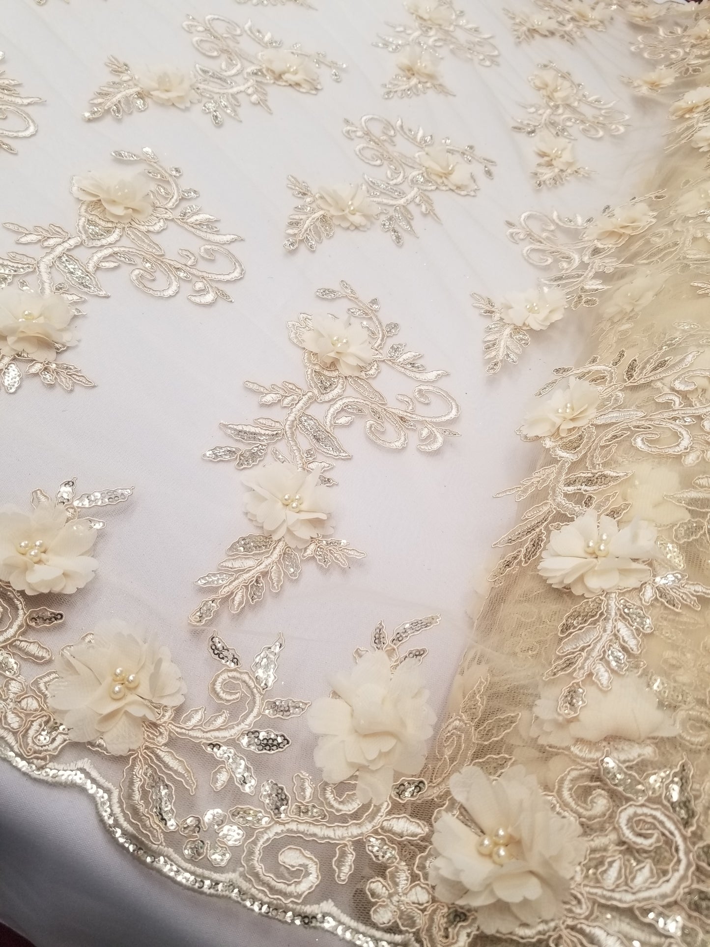 Ivory 3D Embroidered Satin Floral Pearl Wedding Prom Formal Lace Fabric - Sold By The Yard