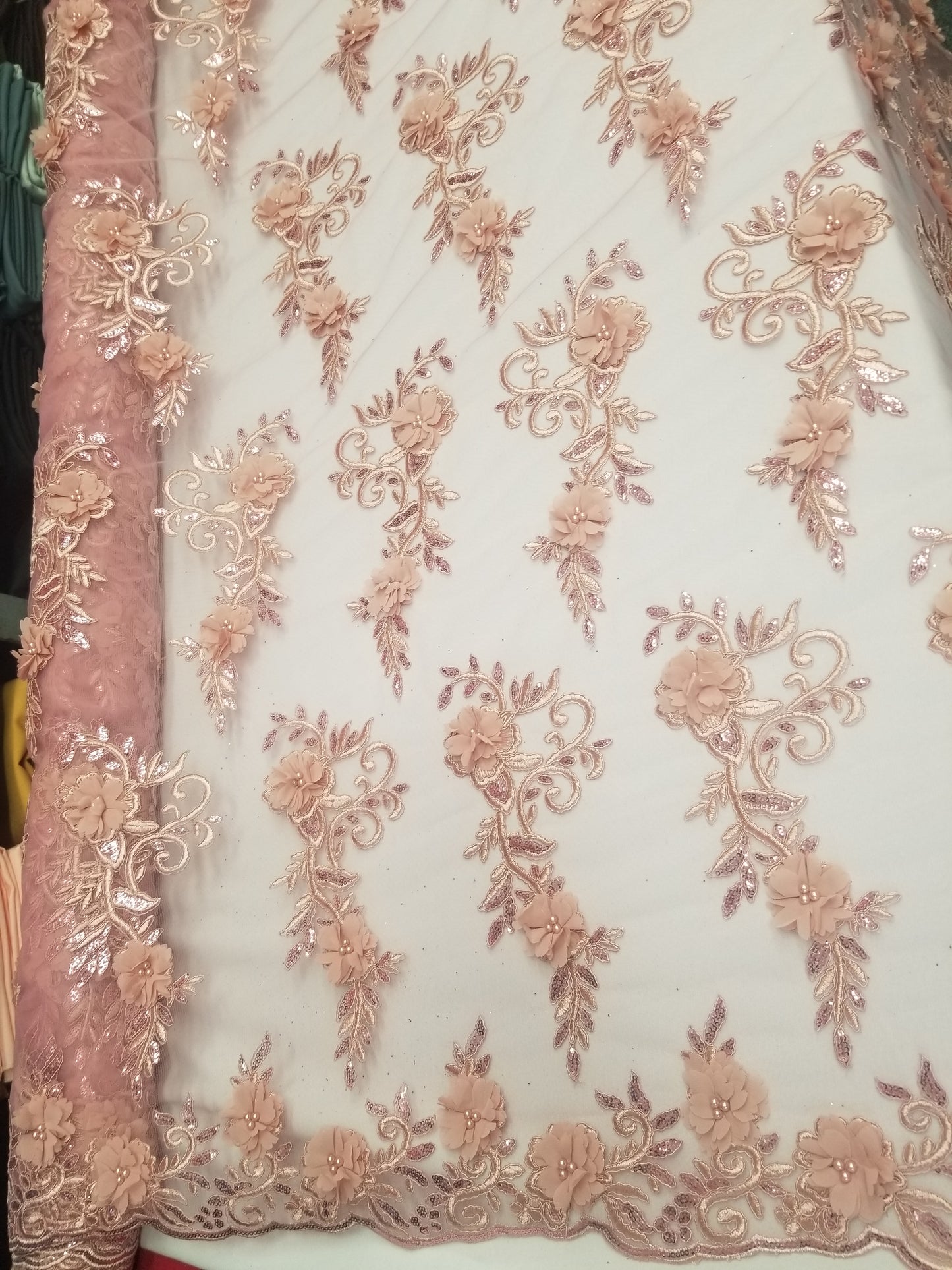 Dusty Rose 3D Embroidered Satin Floral Pearl Wedding Prom Formal Lace Fabric - Sold By The Yard