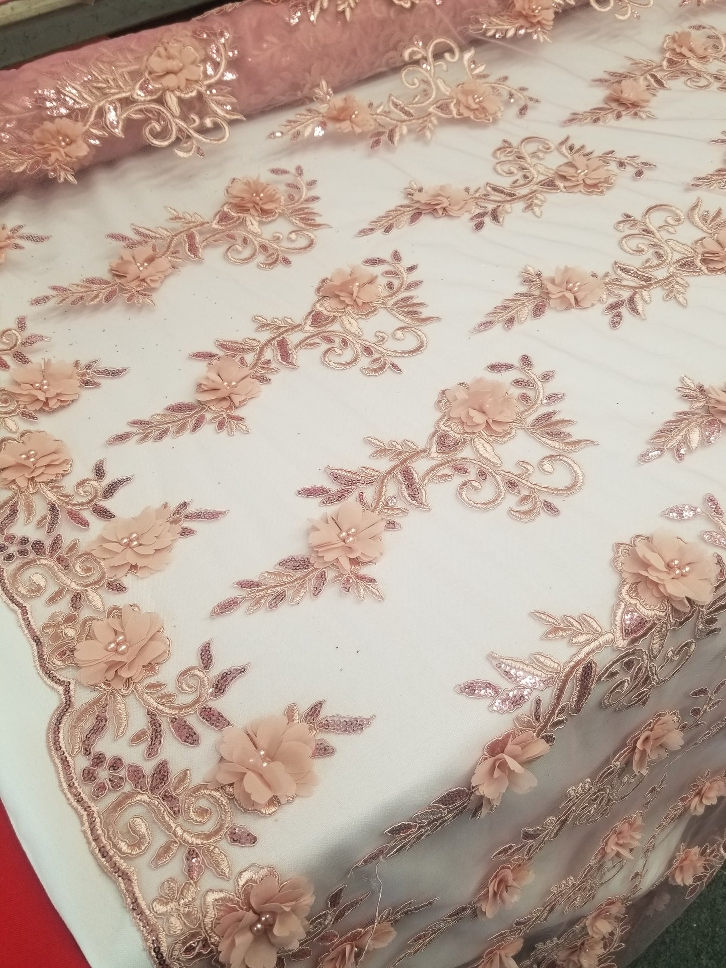 Dusty Rose 3D Embroidered Satin Floral Pearl Wedding Prom Formal Lace Fabric - Sold By The Yard
