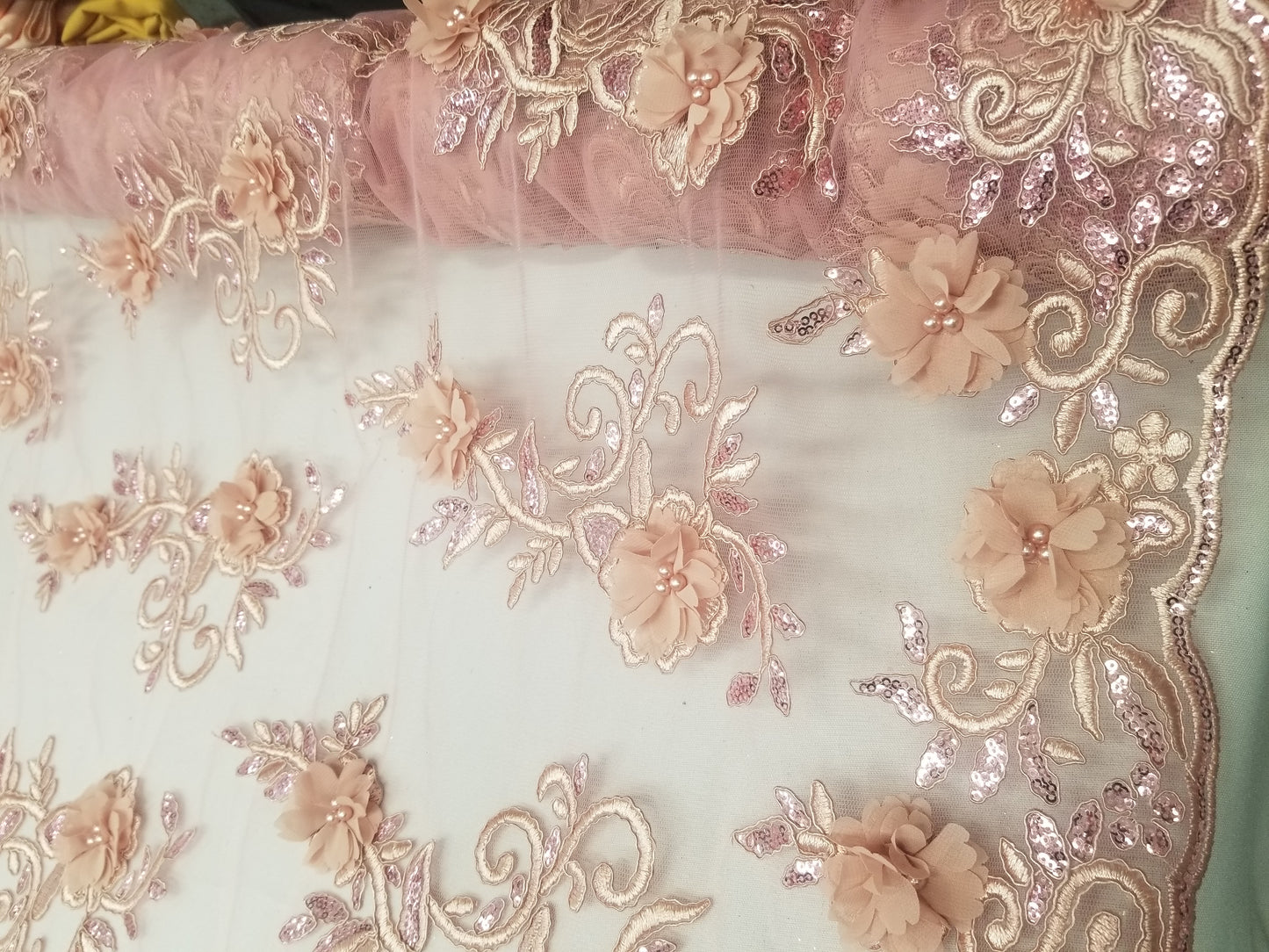 Dusty Rose 3D Embroidered Satin Floral Pearl Wedding Prom Formal Lace Fabric - Sold By The Yard