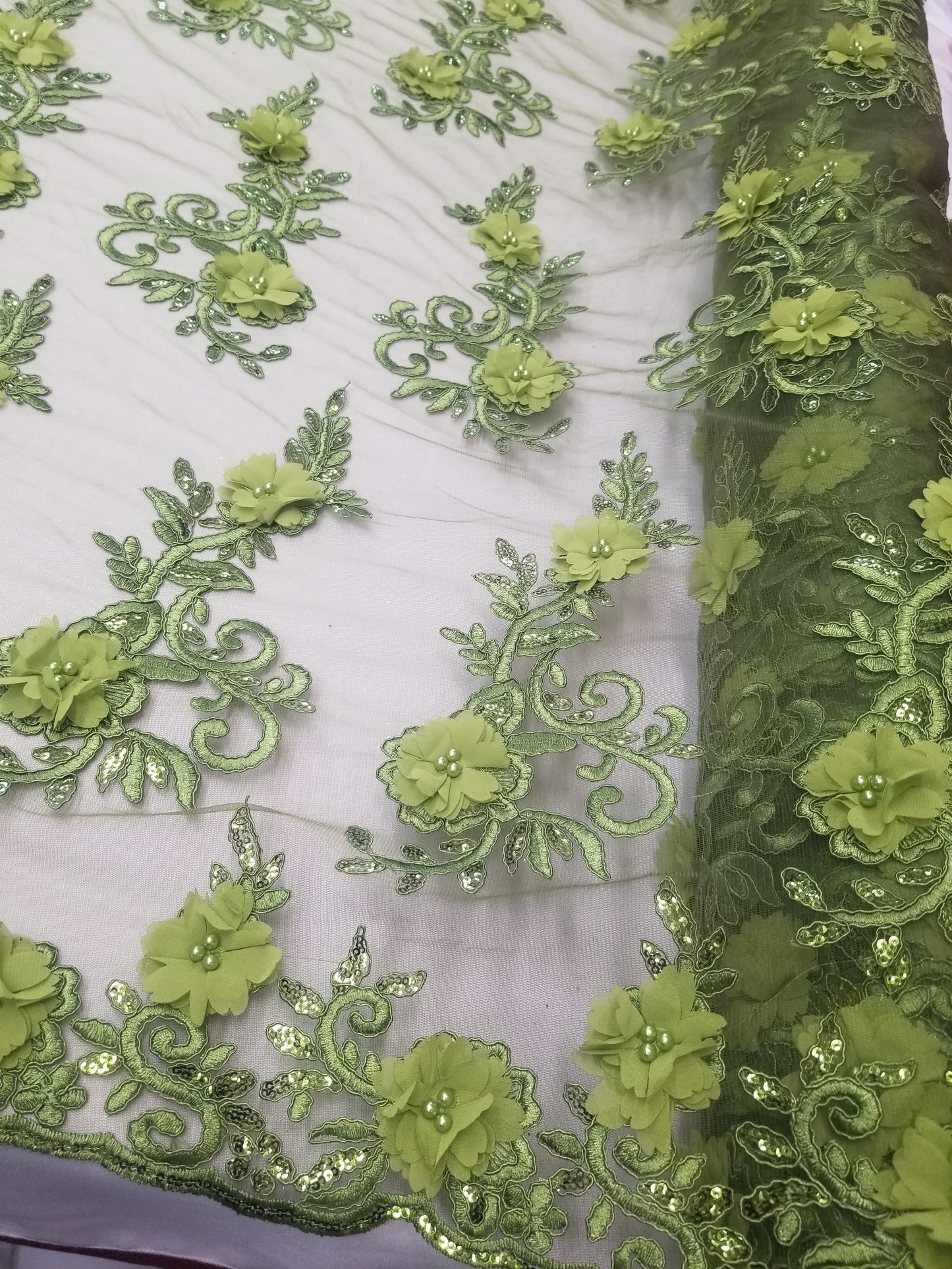 Green 3D Embroidered Satin Floral Pearl Wedding Prom Formal Lace Fabric - Sold By The Yard