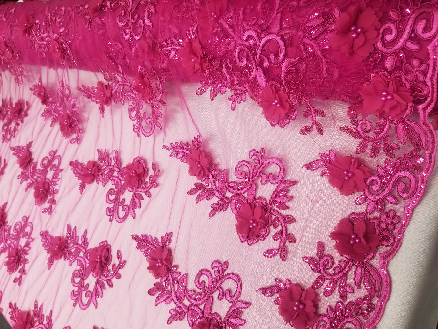 Fuschia 3D Embroidered Satin Floral Pearl Wedding Prom Formal Lace Fabric - Sold By The Yard