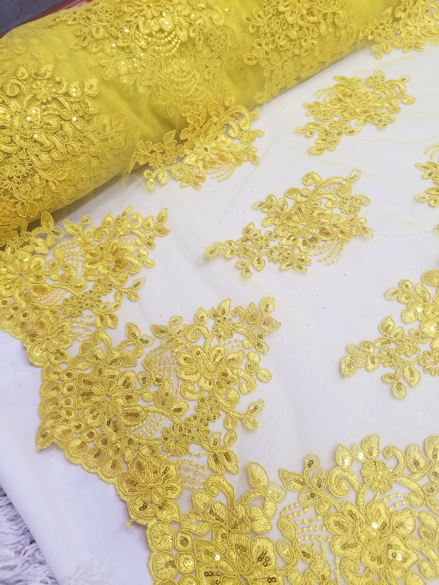 Elegant Yellow Gold 51" Floral Embroidery Lace with Sequins in Mesh by Yard