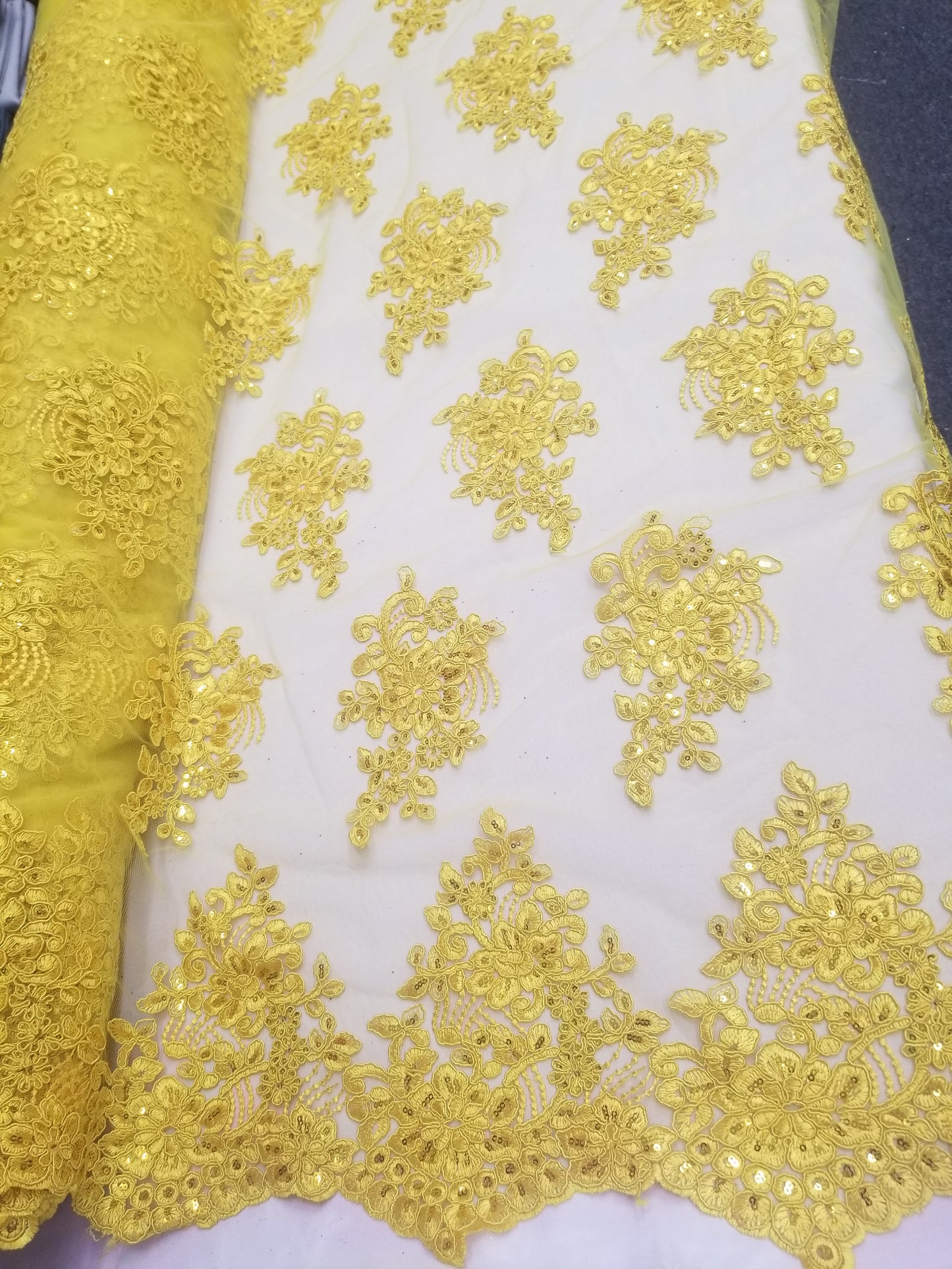 Elegant Yellow Gold 51" Floral Embroidery Lace with Sequins in Mesh by Yard