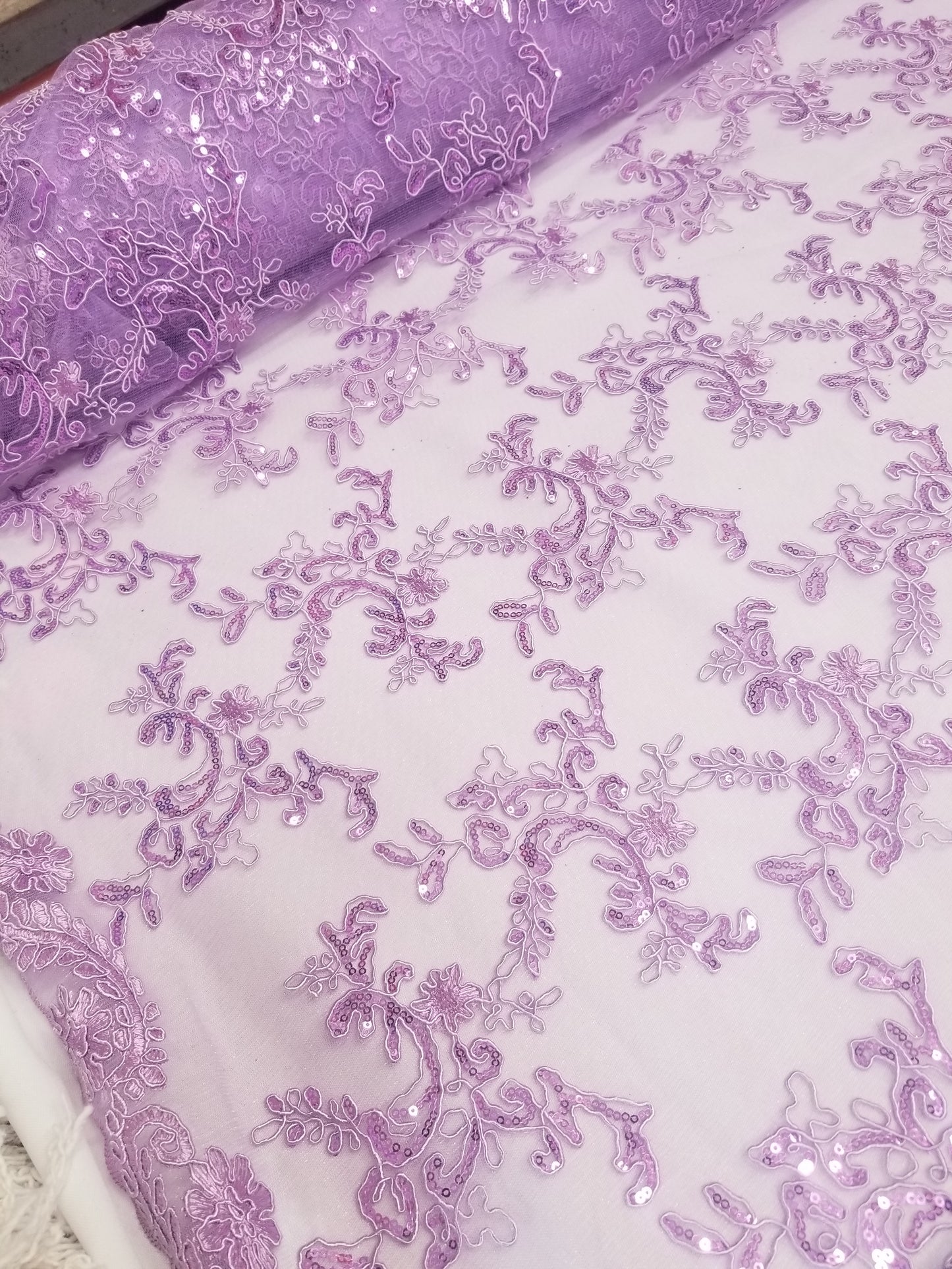 Elegant Lavender 51" Floral Embroidery Lace with Sequins in Mesh by Yard