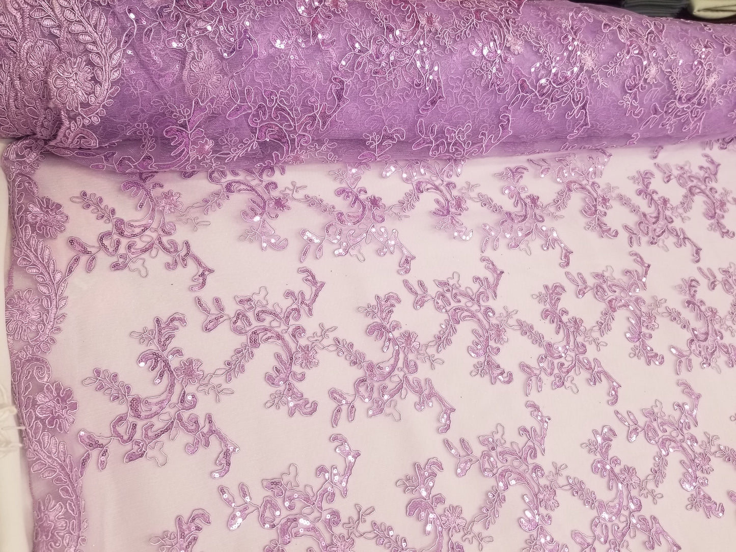 Elegant Lavender 51" Floral Embroidery Lace with Sequins in Mesh by Yard