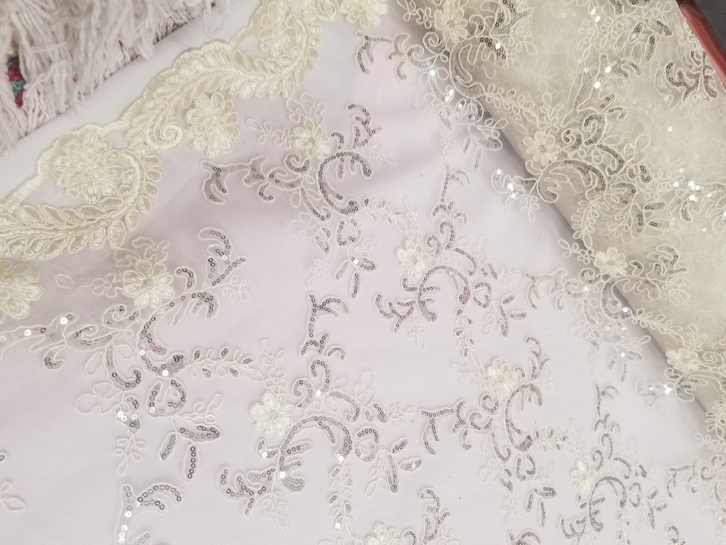 Elegant Ivory 51" Floral Embroidery Lace with Sequins in Mesh by Yard