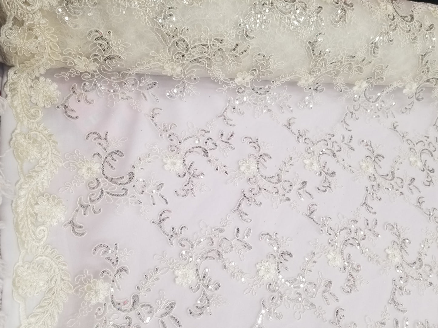 Elegant Ivory 51" Floral Embroidery Lace with Sequins in Mesh by Yard