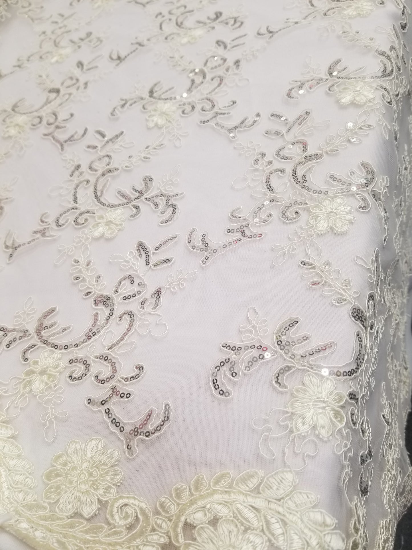 Elegant Ivory 51" Floral Embroidery Lace with Sequins in Mesh by Yard