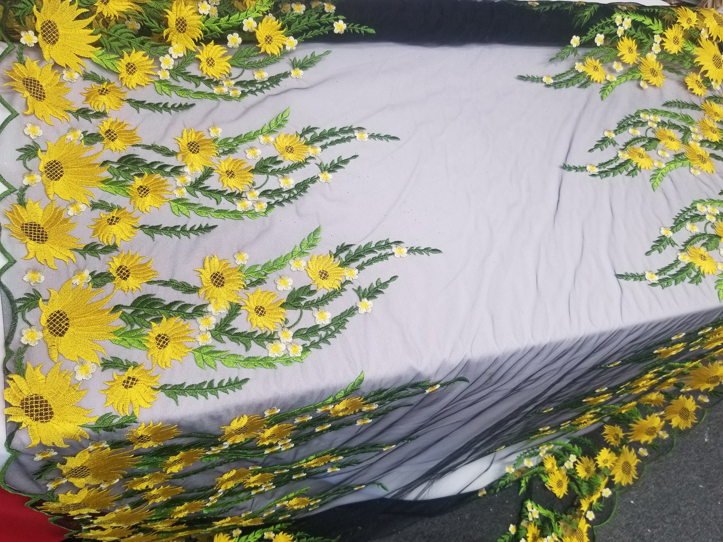 Yellow Sunflower Floral Lace Fabric, by the yard - Embroidery on Black Mesh Lace Fabric For Wedding-Bridal