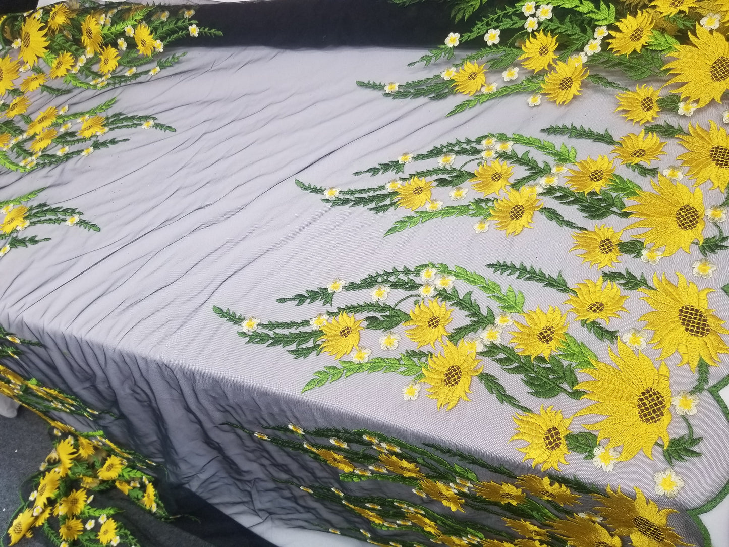 Yellow Sunflower Floral Lace Fabric, by the yard - Embroidery on Black Mesh Lace Fabric For Wedding-Bridal