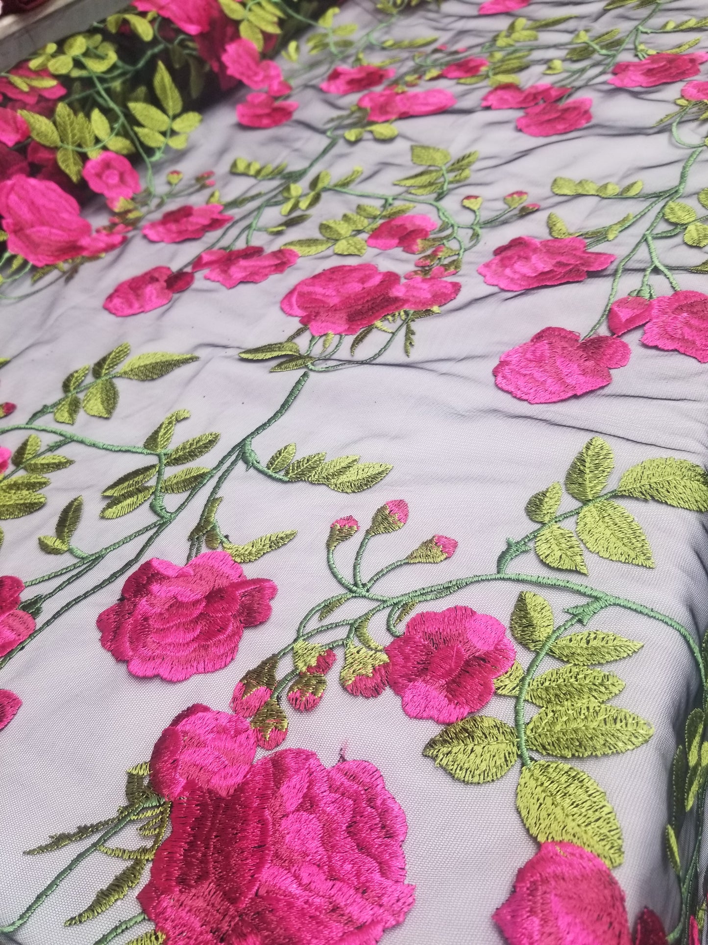 Pink Green Floral Lace Fabric, by the yard - Embroidery on Black Mesh Lace Fabric For Wedding-Bridal