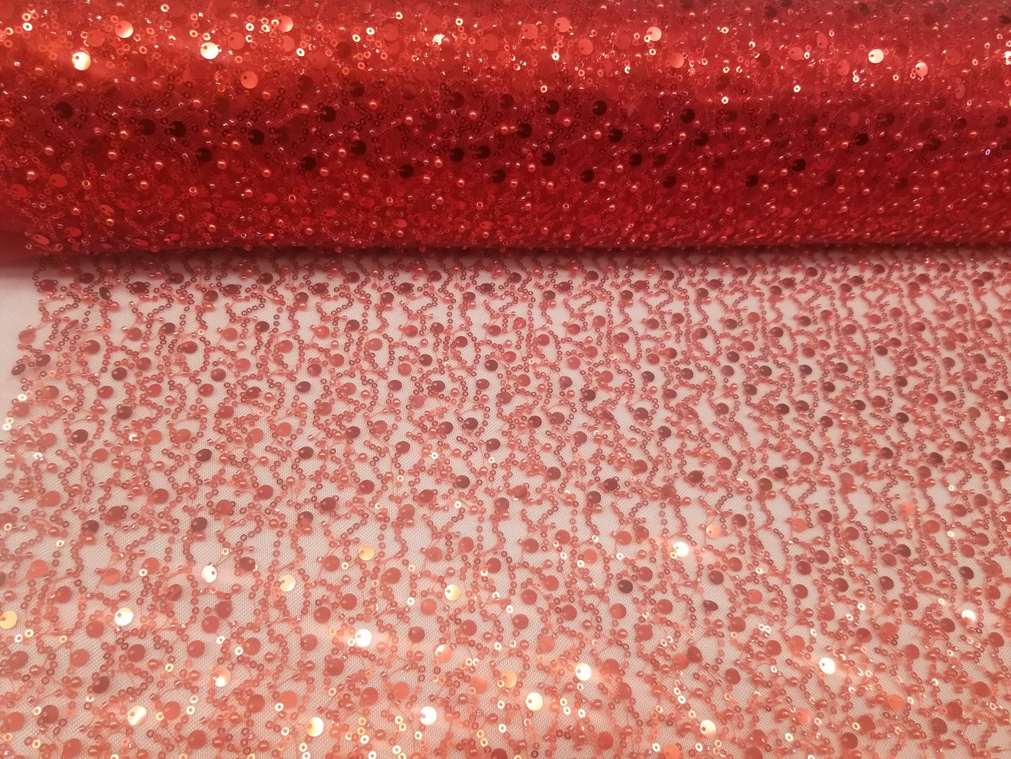 Red Lace Fabric Bling Night Gown Fabric Sequined Lace Mesh Red Beaded Lace Fabric by the yard