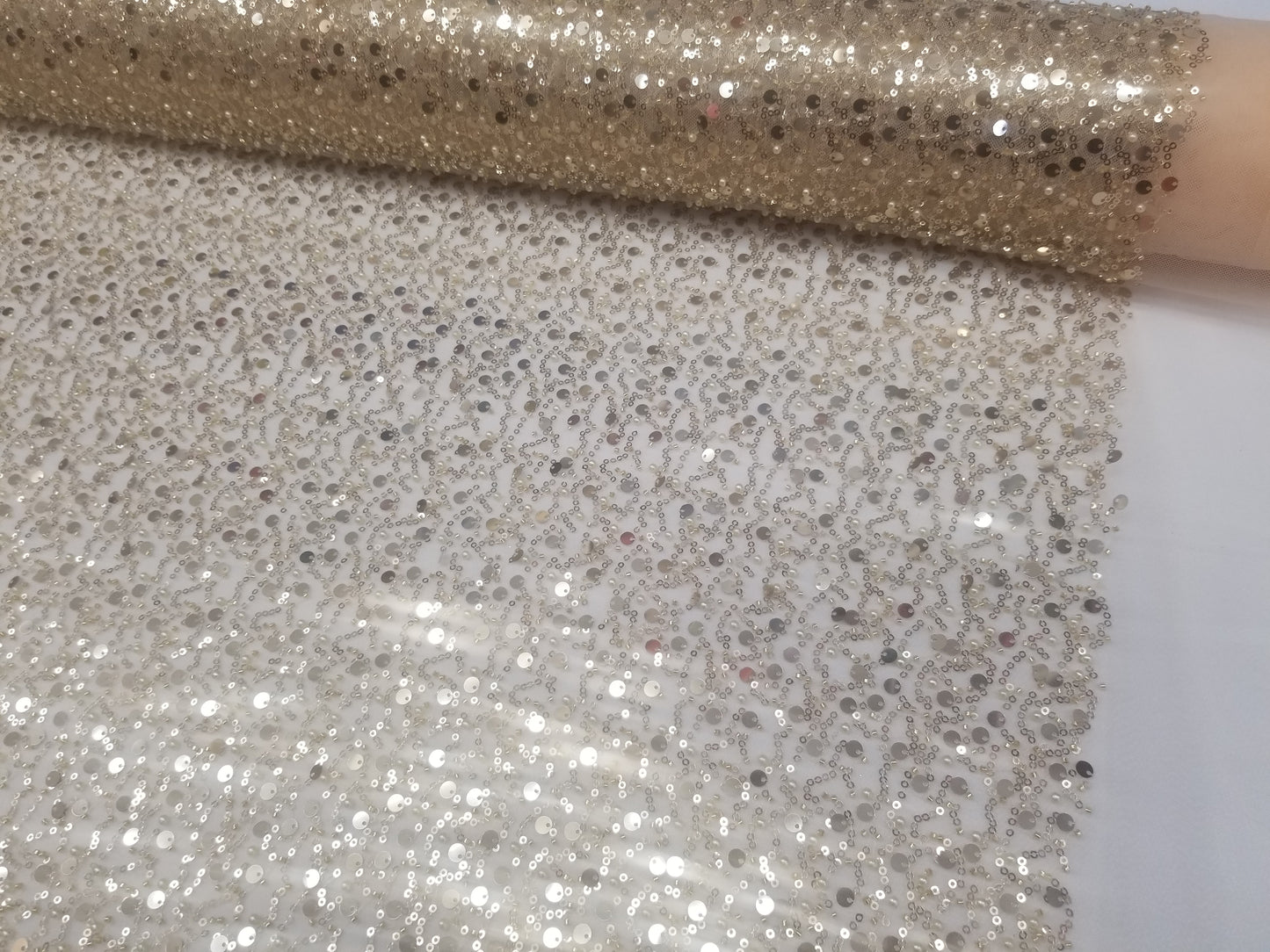 Champagne Lace Fabric Bling Night Gown Fabric Sequined Lace Mesh Champagne Beaded Lace Fabric by the yard