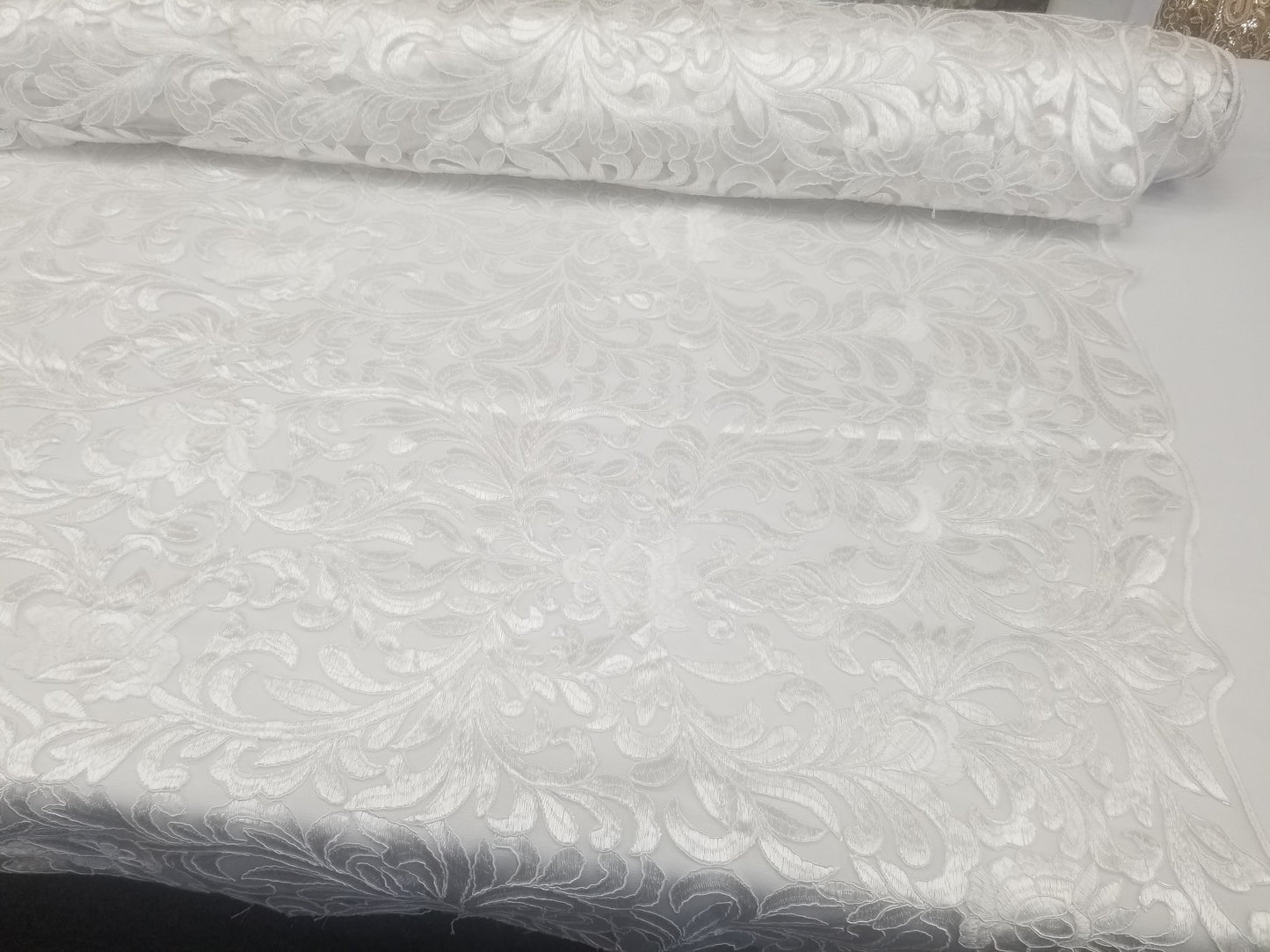 White Bridal Wedding Floral Mesh Lace Fabric by Yard