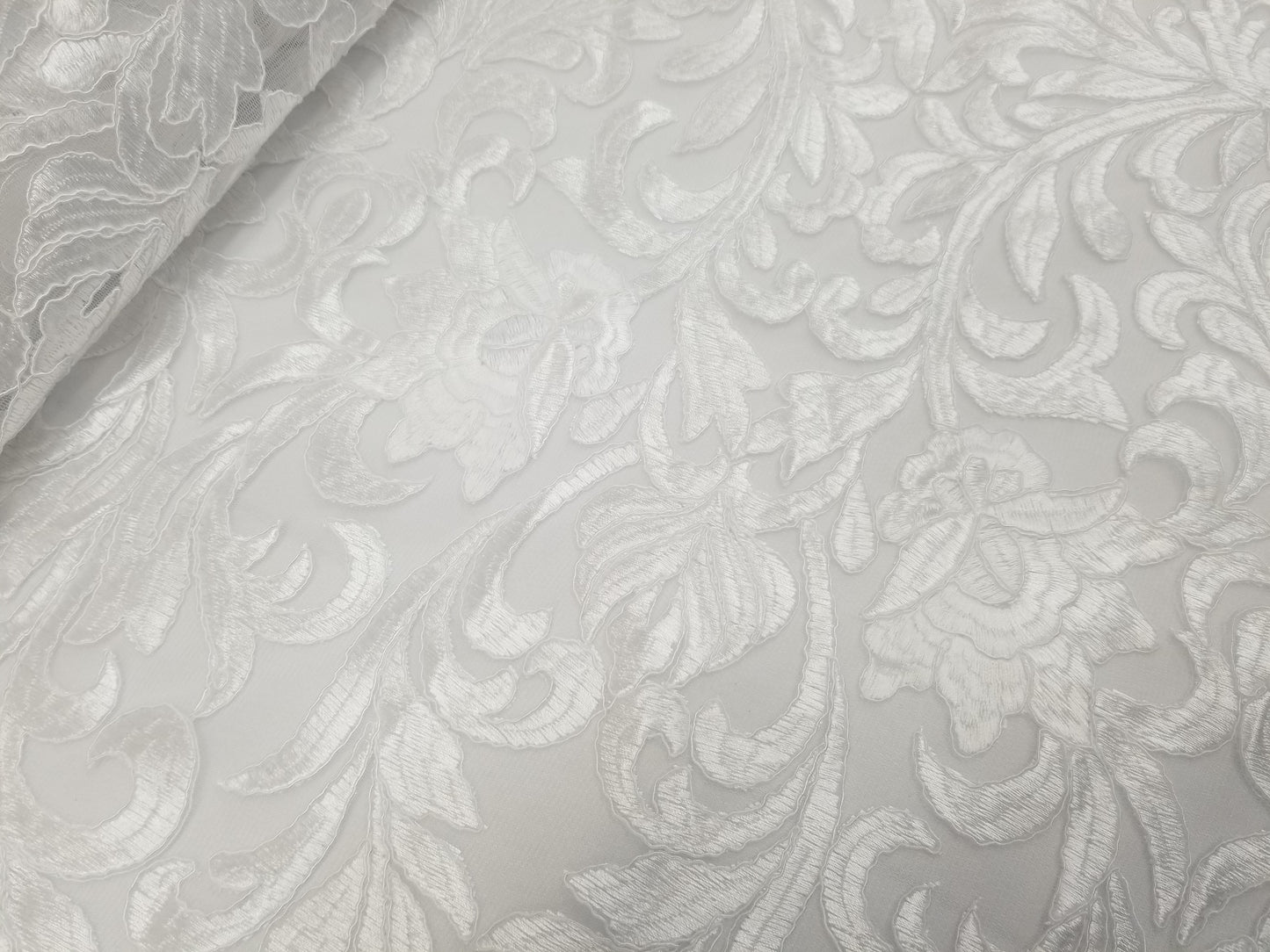 White Bridal Wedding Floral Mesh Lace Fabric by Yard