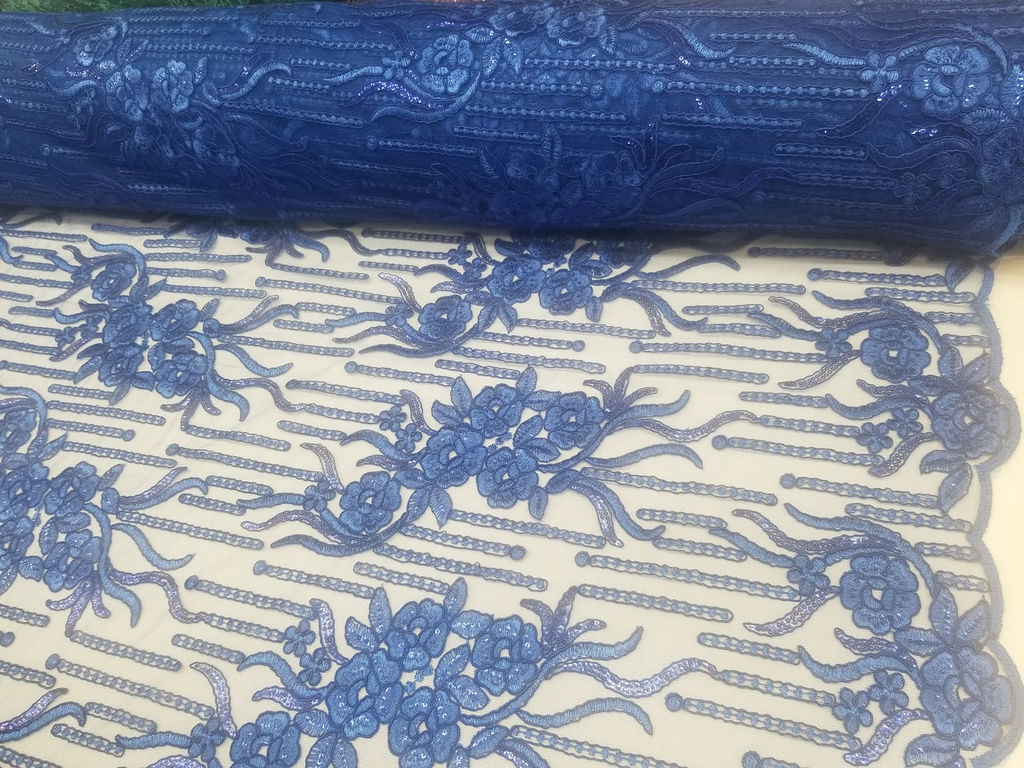 Royal Blue Bridal Wedding Floral Mesh Lace Fabric by Yard