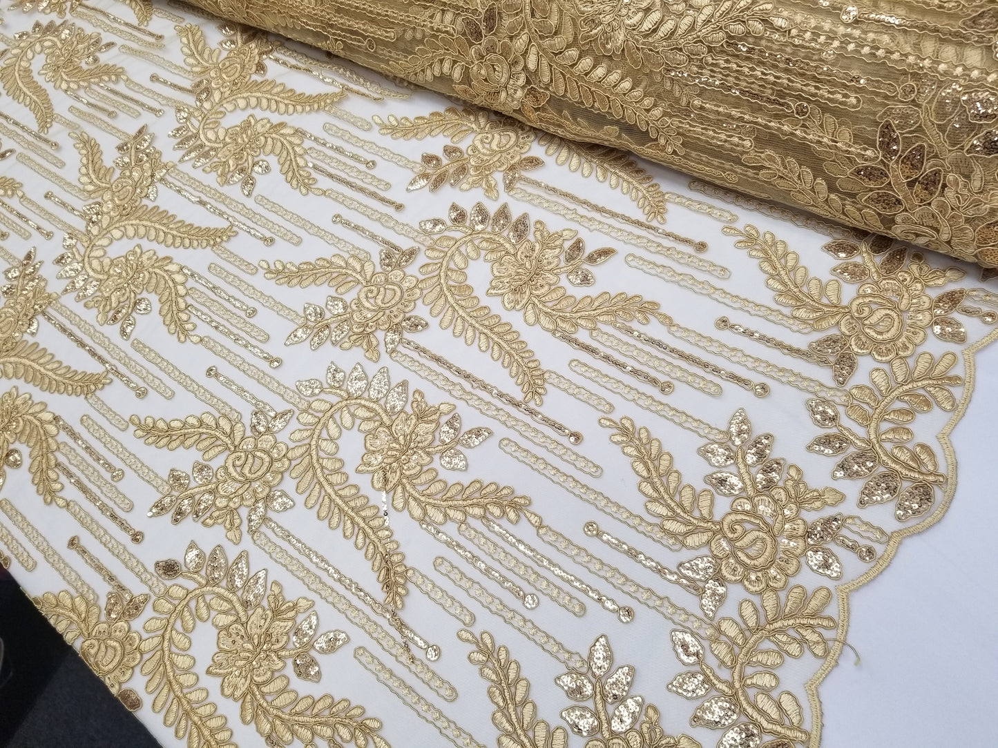 Gold Bridal Wedding Floral Mesh Lace Fabric by Yard
