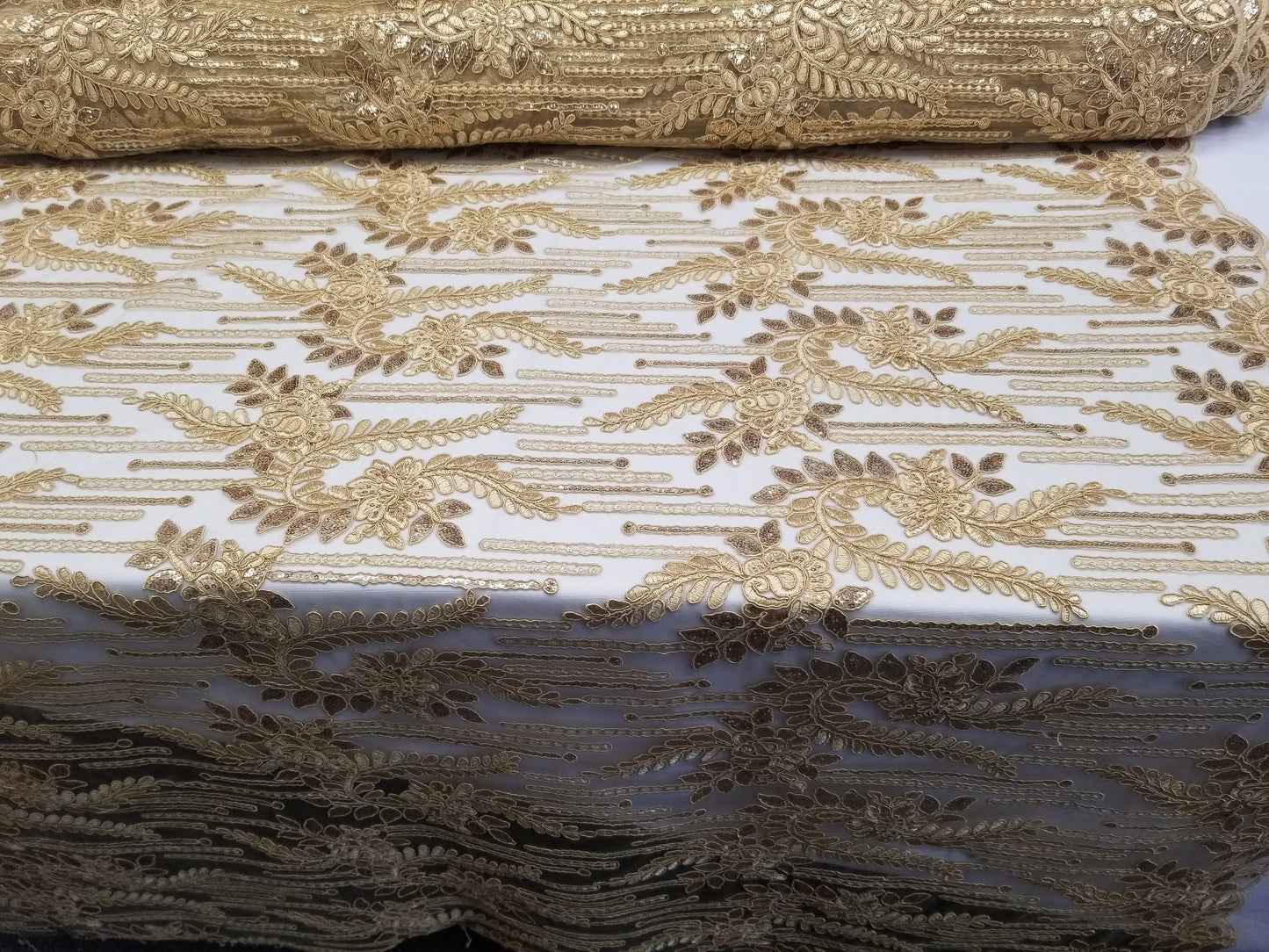Gold Bridal Wedding Floral Mesh Lace Fabric by Yard