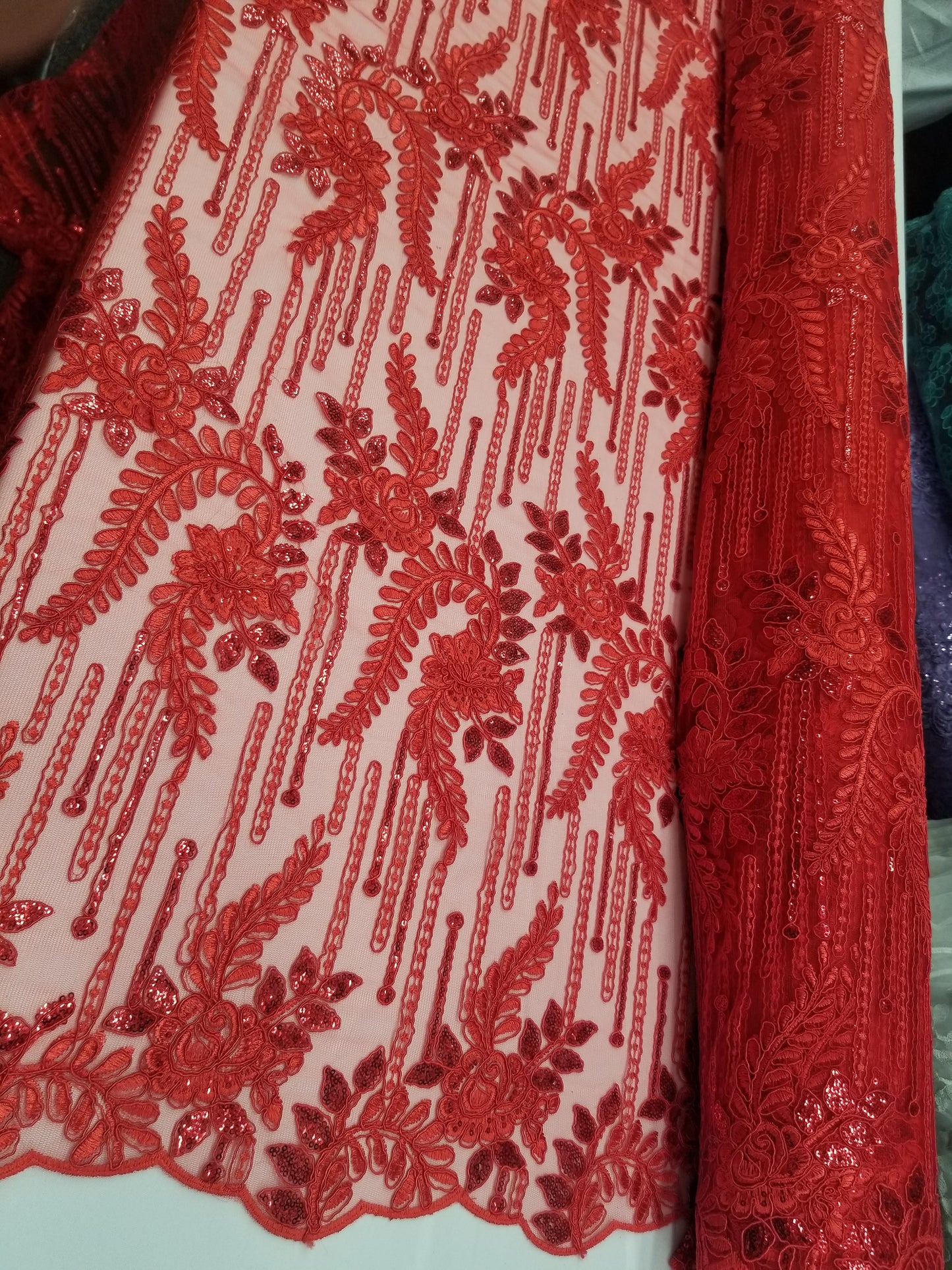 Red Bridal Wedding Floral Mesh Lace Fabric by Yard