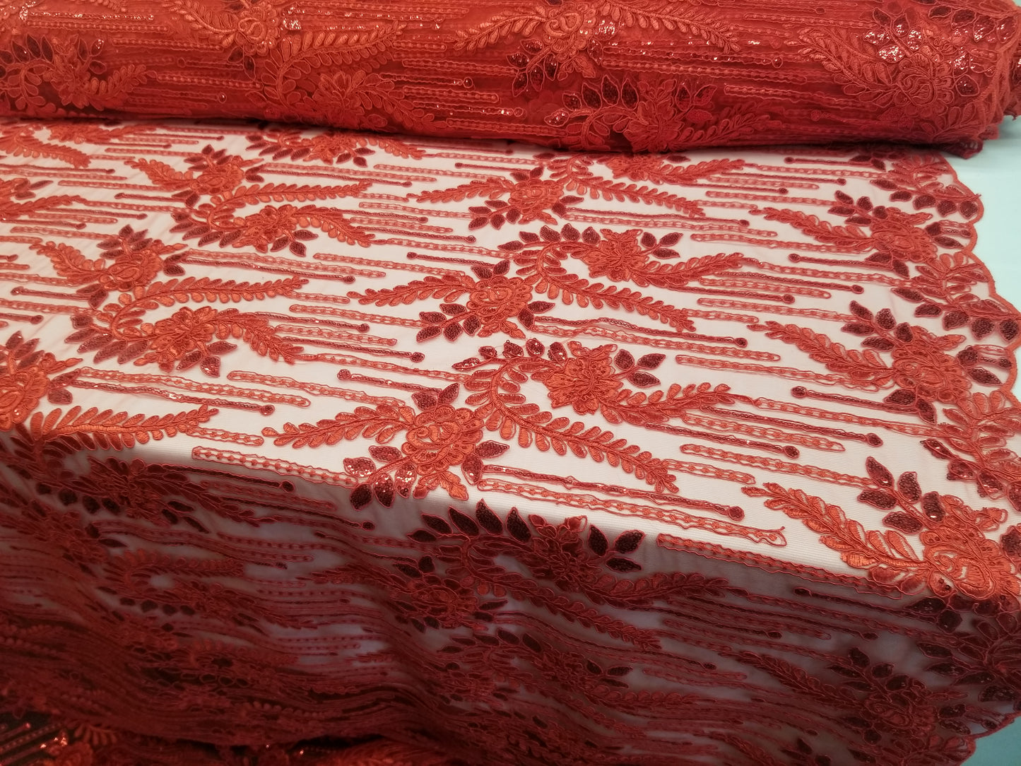 Red Bridal Wedding Floral Mesh Lace Fabric by Yard