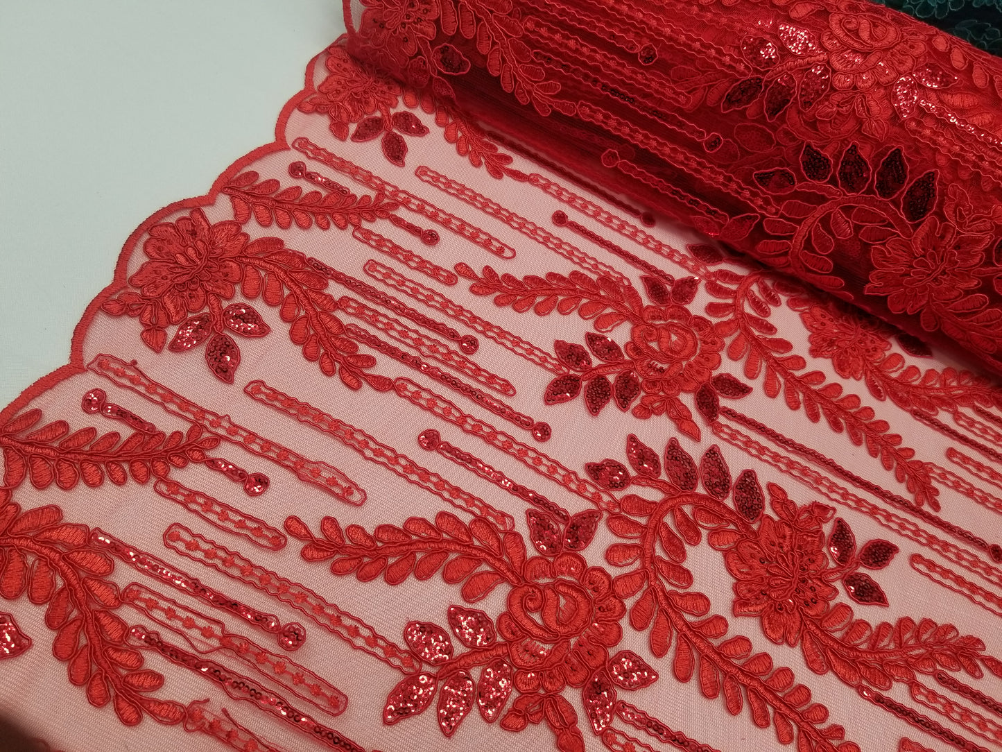 Red Bridal Wedding Floral Mesh Lace Fabric by Yard