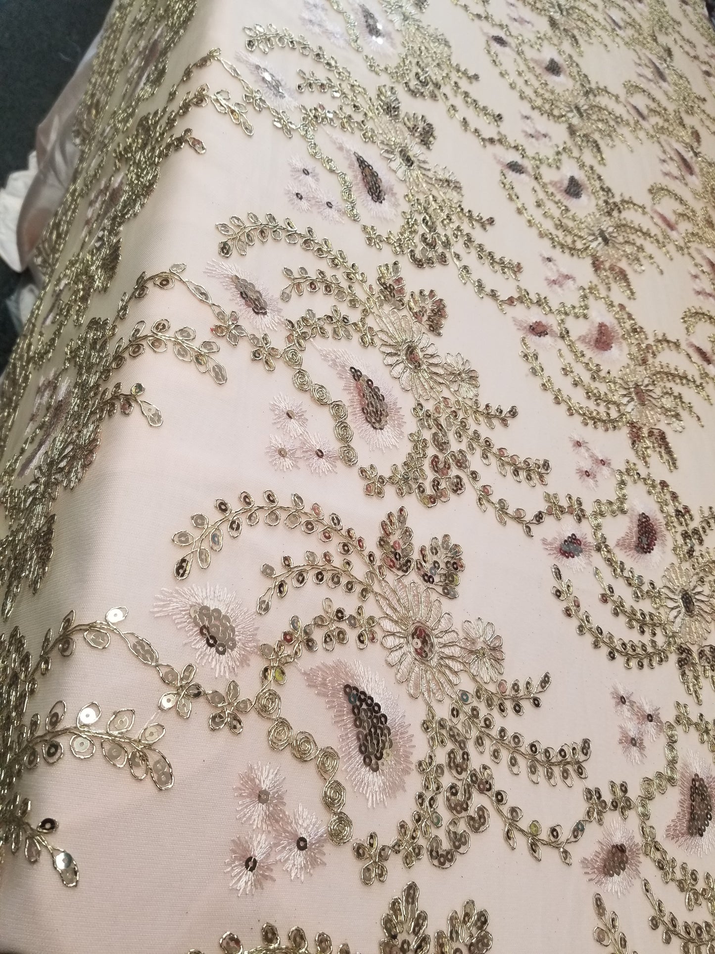 Champagne Blush French Corded Design-embroider With Sequins On A Mesh Lace Fabric-by Yard.