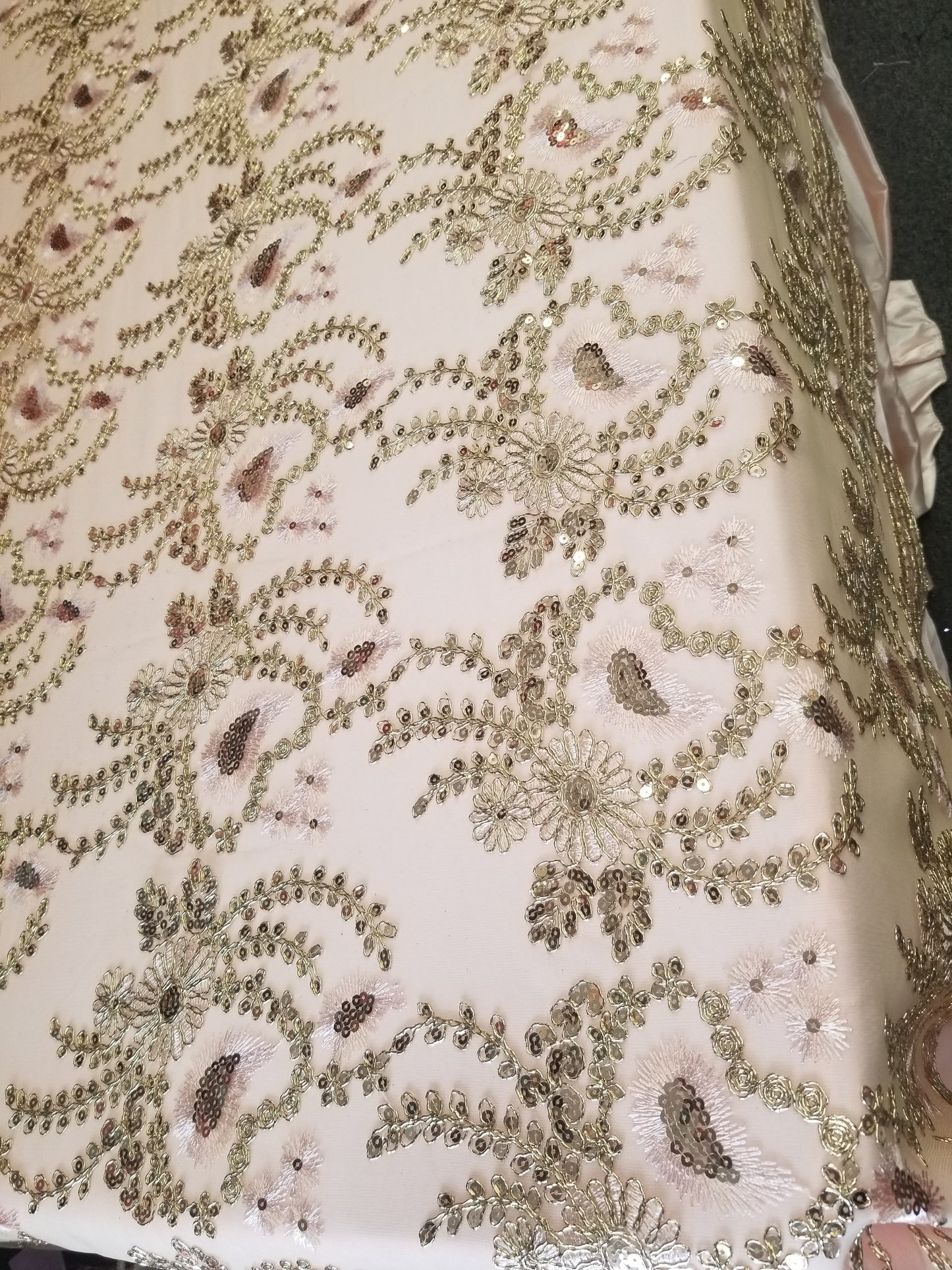 Champagne Blush French Corded Design-embroider With Sequins On A Mesh Lace Fabric-by Yard.