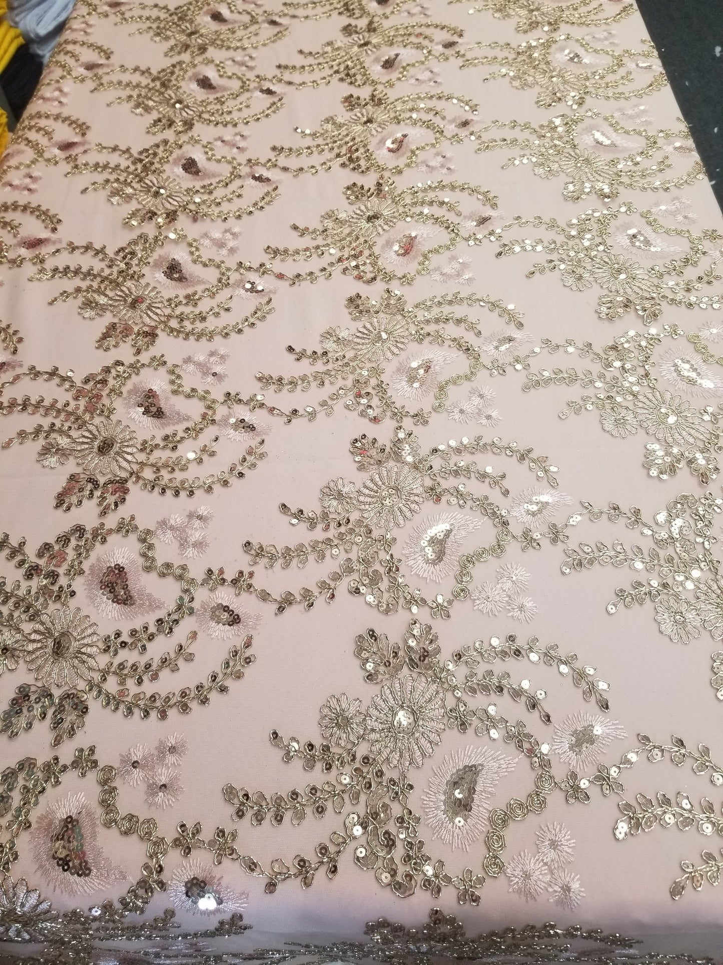 Champagne Blush French Corded Design-embroider With Sequins On A Mesh Lace Fabric-by Yard.