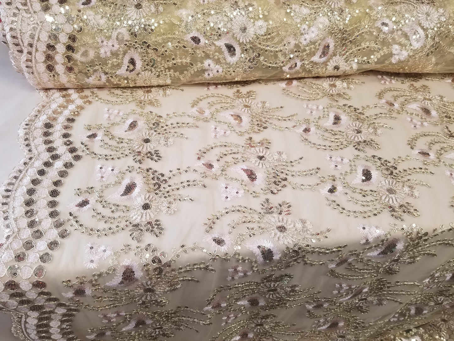 Champagne Blush French Corded Design-embroider With Sequins On A Mesh Lace Fabric-by Yard.