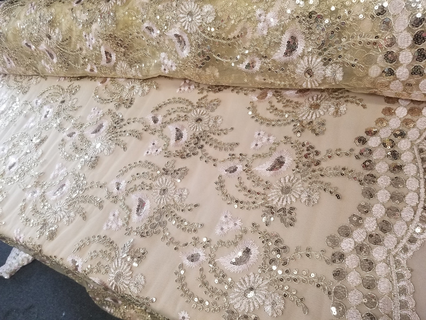 Champagne Blush French Corded Design-embroider With Sequins On A Mesh Lace Fabric-by Yard.