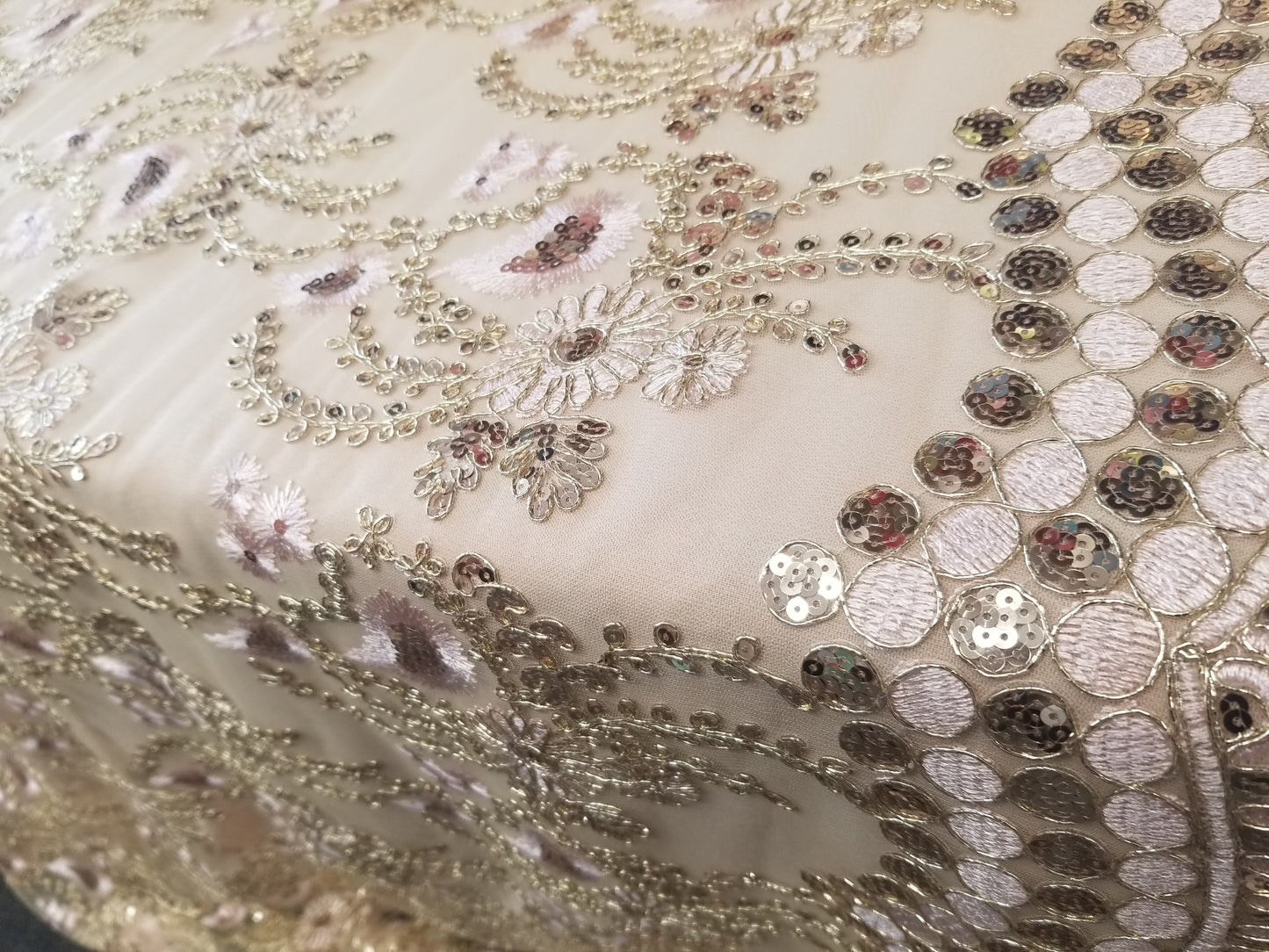 Champagne Blush French Corded Design-embroider With Sequins On A Mesh Lace Fabric-by Yard.