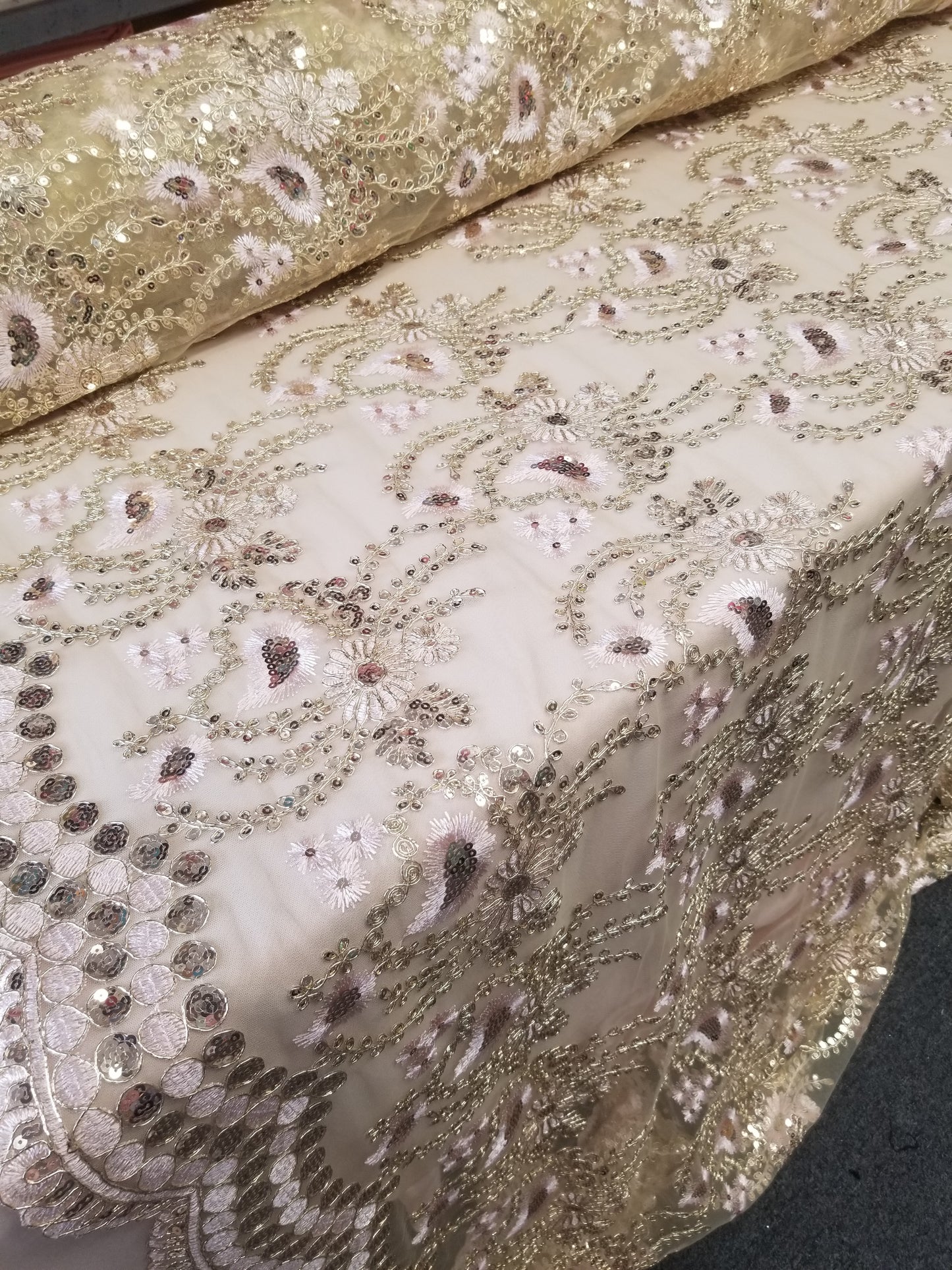 Champagne Blush French Corded Design-embroider With Sequins On A Mesh Lace Fabric-by Yard.