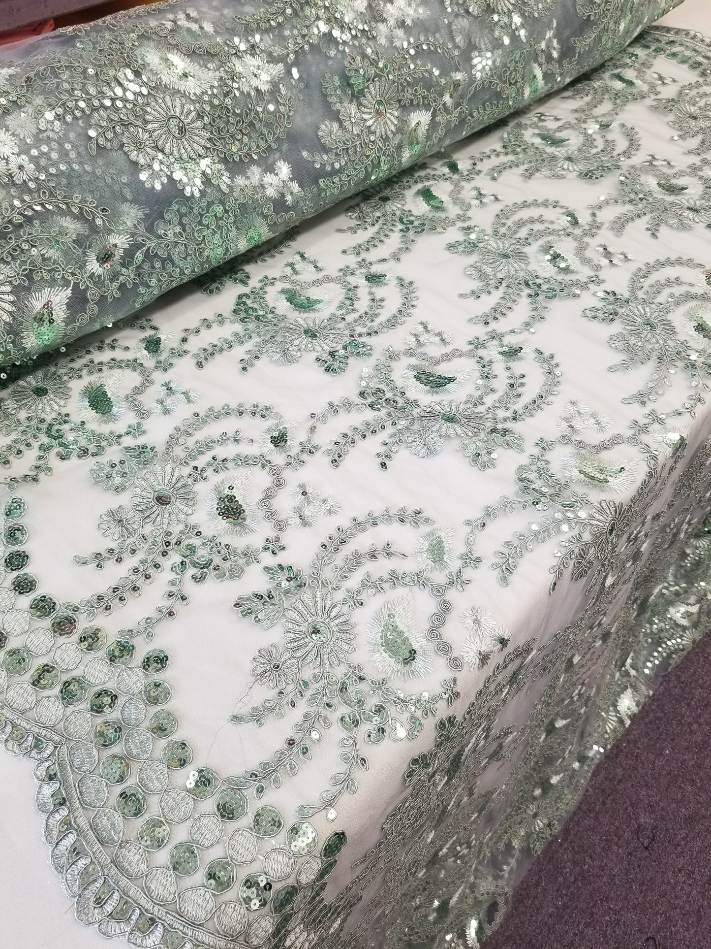 Mint Green French Corded Design-embroider With Sequins On A Mesh Lace Fabric-by Yard