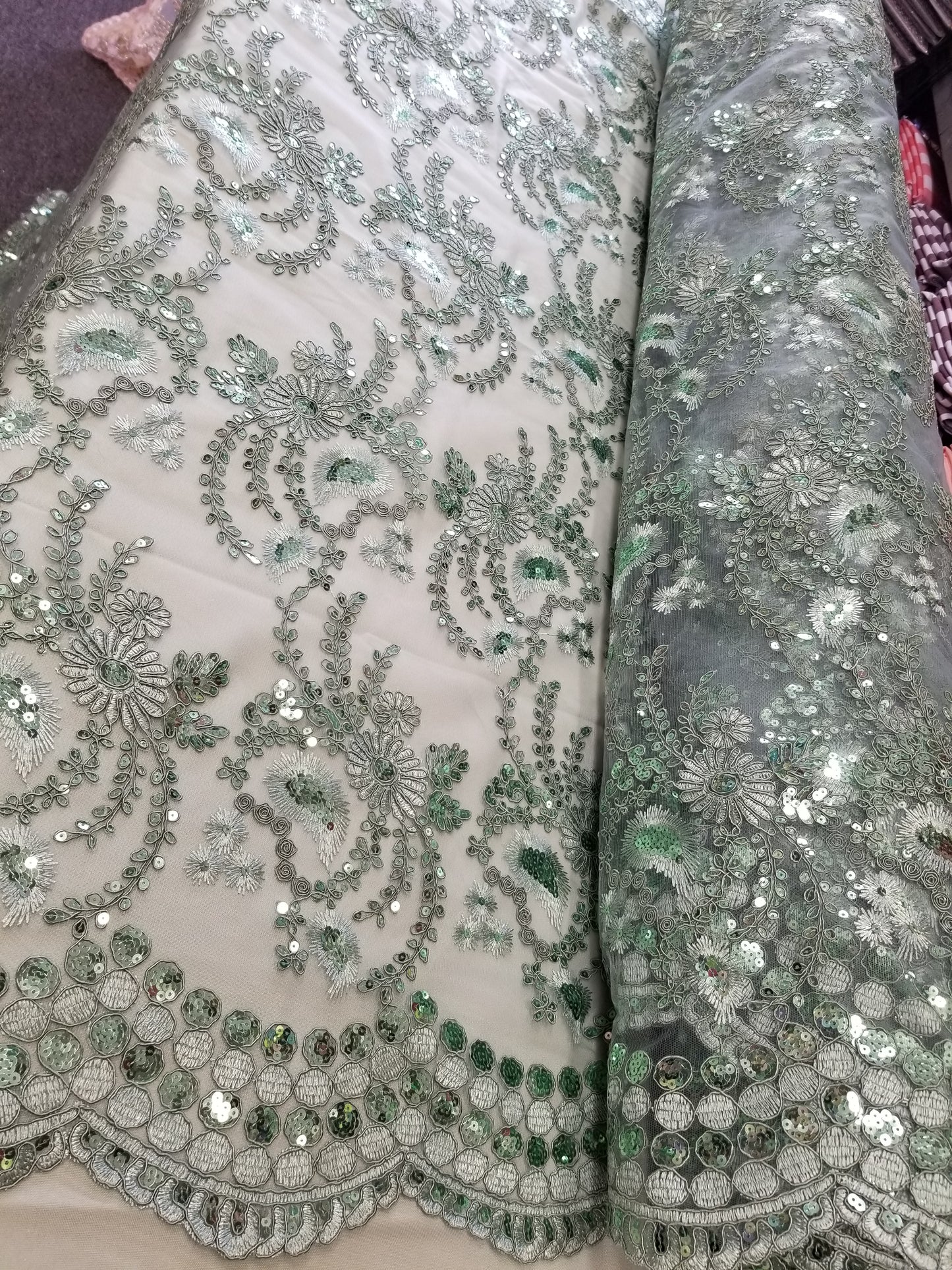 Mint Green French Corded Design-embroider With Sequins On A Mesh Lace Fabric-by Yard