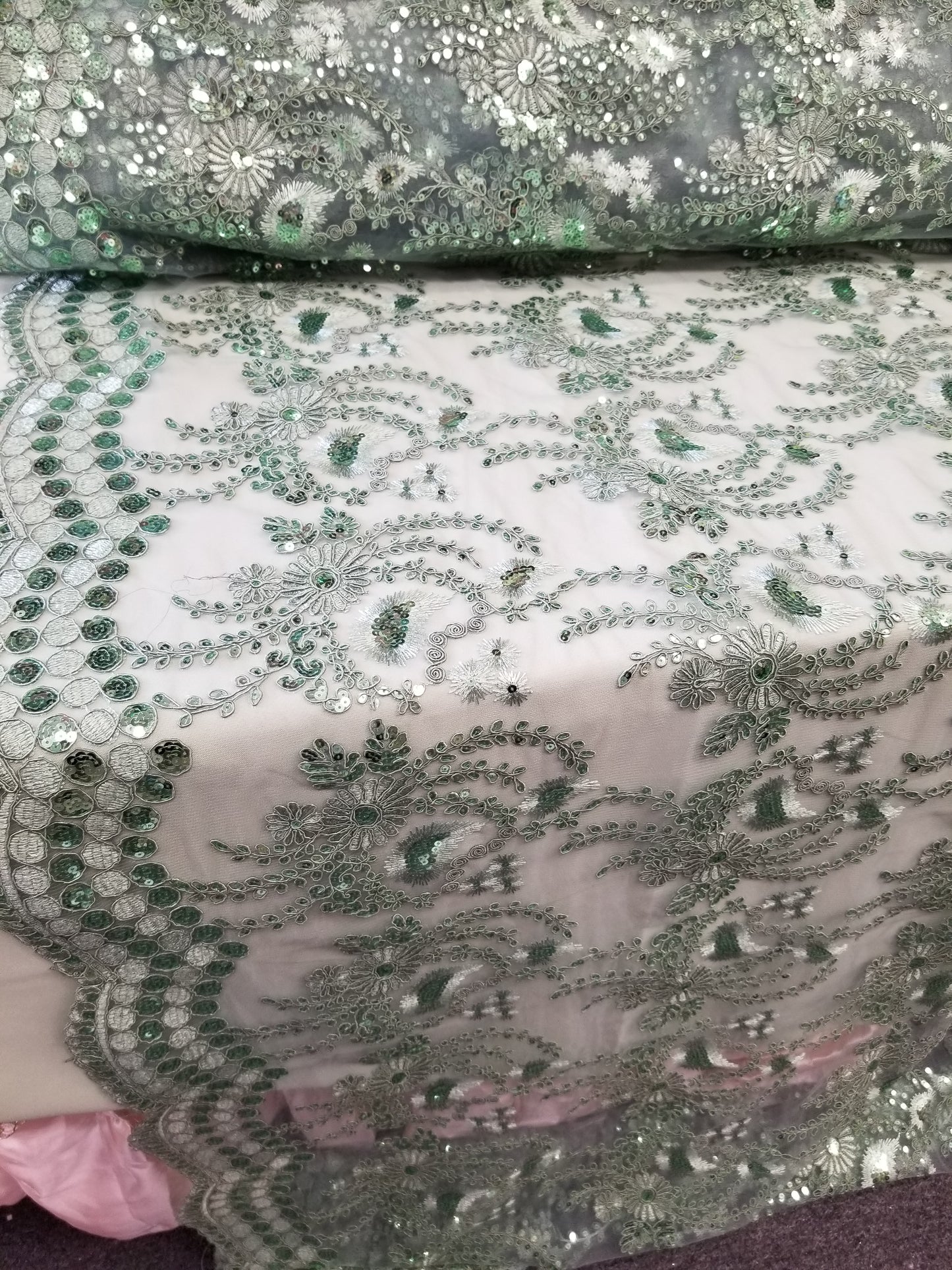 Mint Green French Corded Design-embroider With Sequins On A Mesh Lace Fabric-by Yard