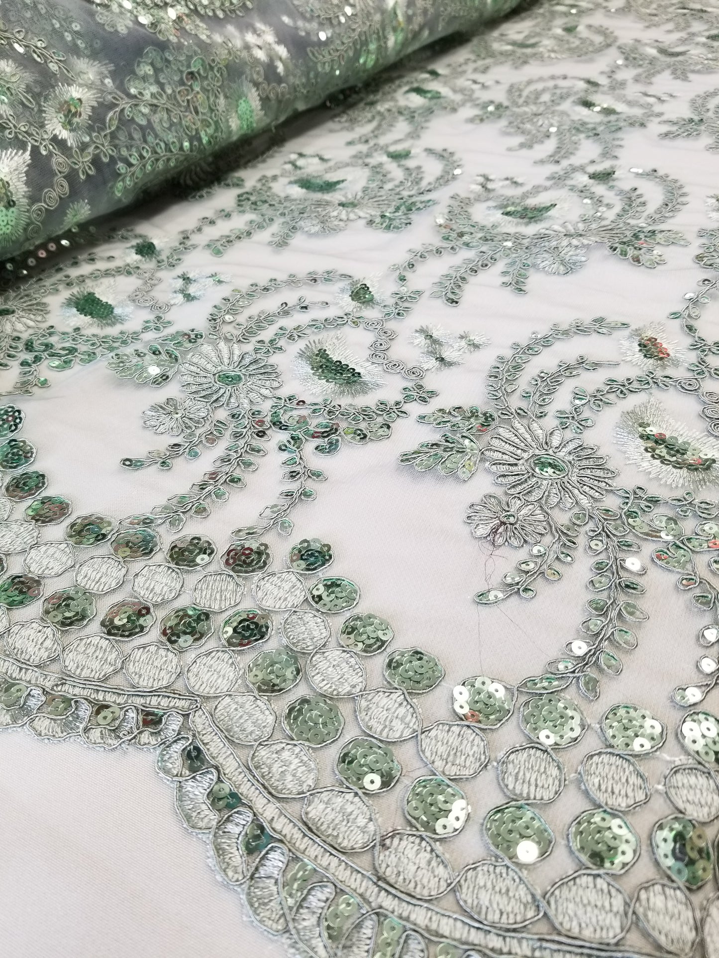 Mint Green French Corded Design-embroider With Sequins On A Mesh Lace Fabric-by Yard