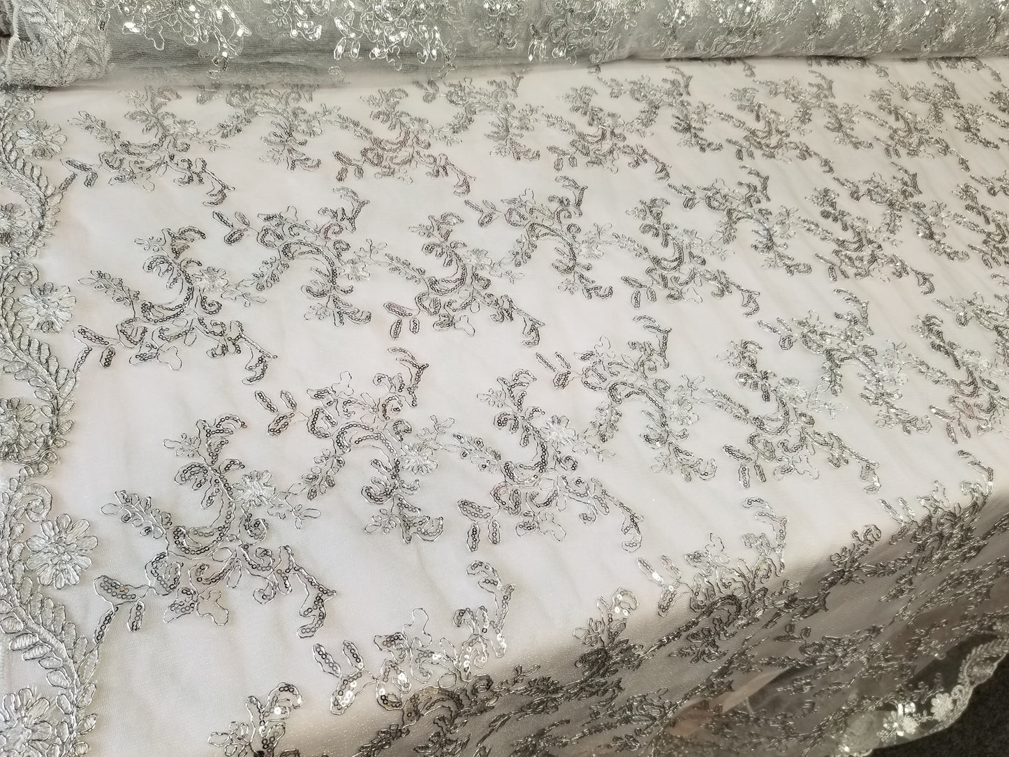 White French Corded Design-embroider With Sequins On A Mesh Lace Fabric-by Yard