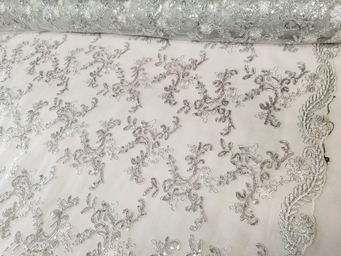 White French Corded Design-embroider With Sequins On A Mesh Lace Fabric-by Yard