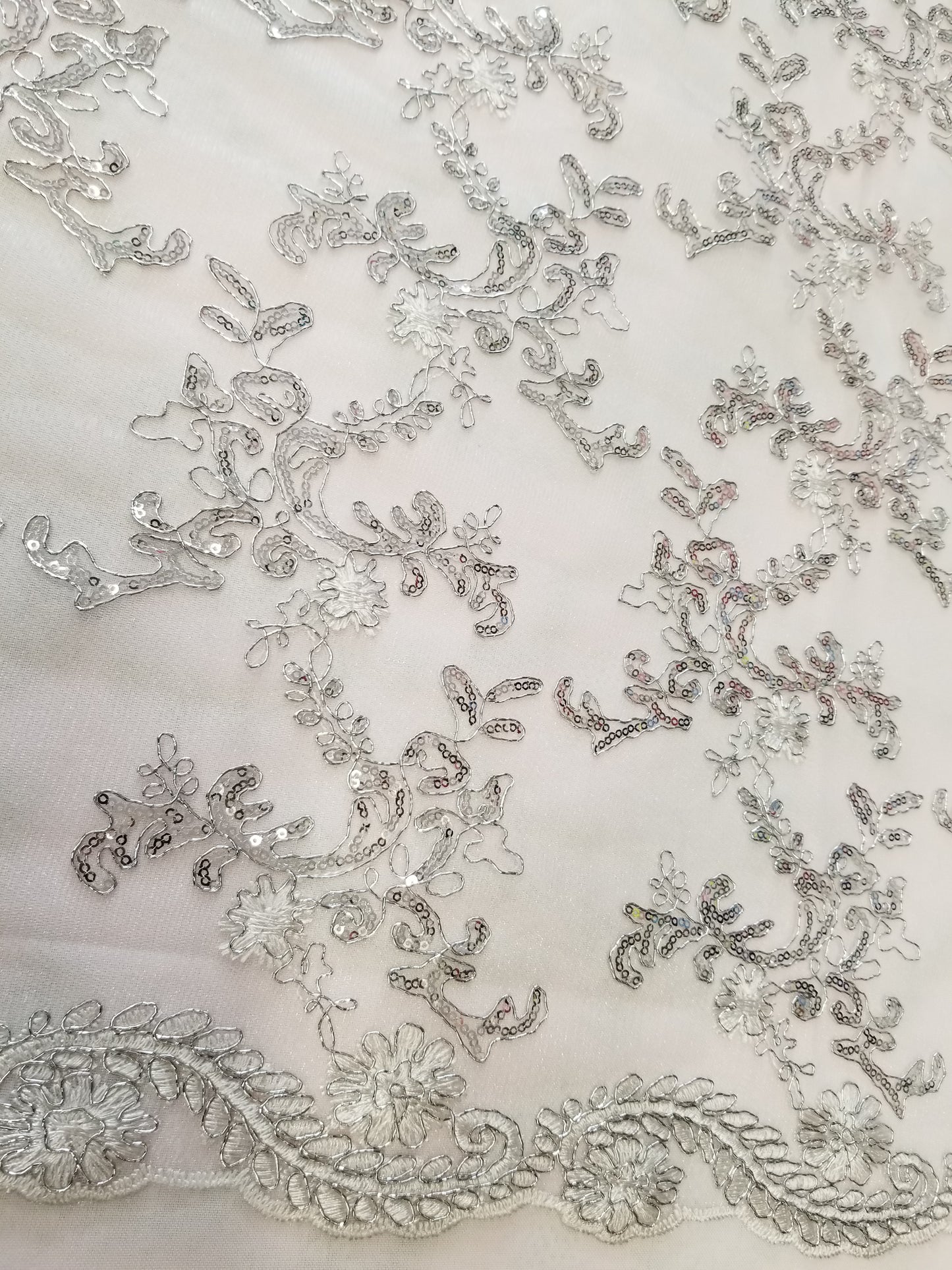 White French Corded Design-embroider With Sequins On A Mesh Lace Fabric-by Yard