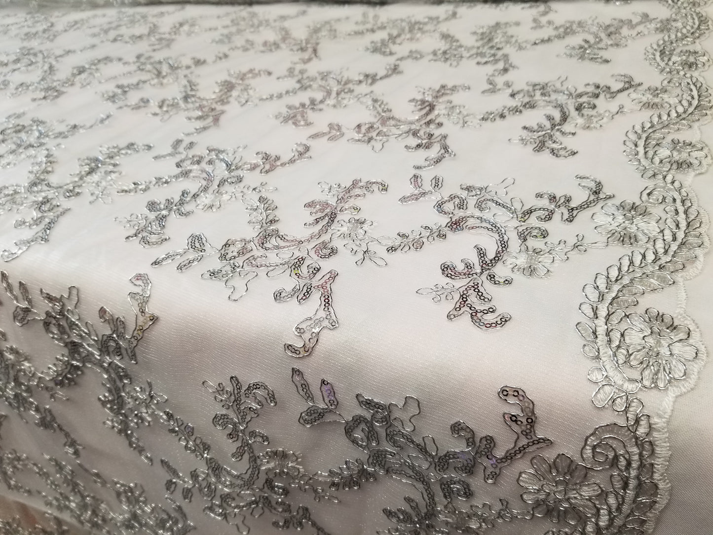 White French Corded Design-embroider With Sequins On A Mesh Lace Fabric-by Yard