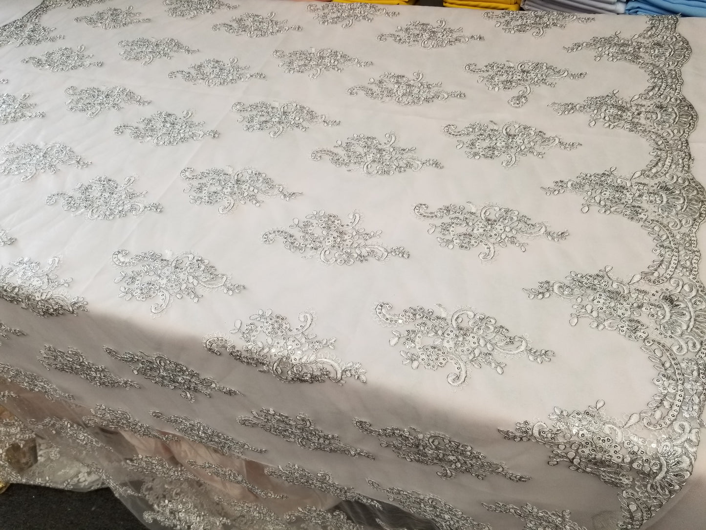 Off White French Corded Design-embroider With Sequins On A Mesh Lace Fabric-by Yard