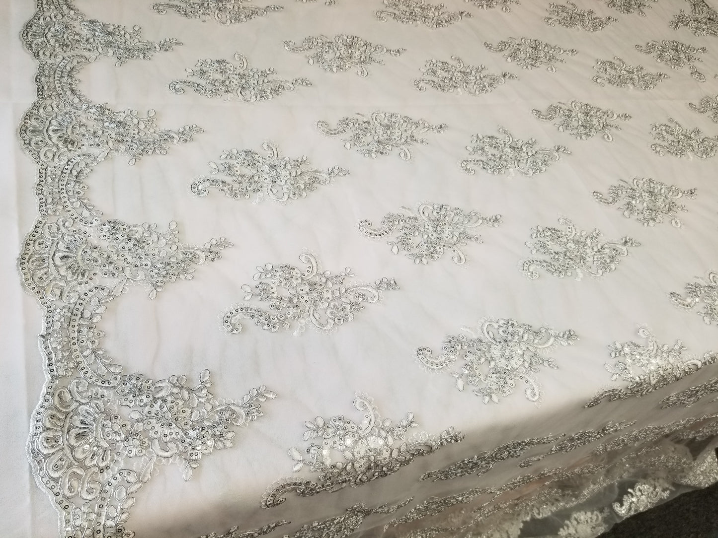 Off White French Corded Design-embroider With Sequins On A Mesh Lace Fabric-by Yard