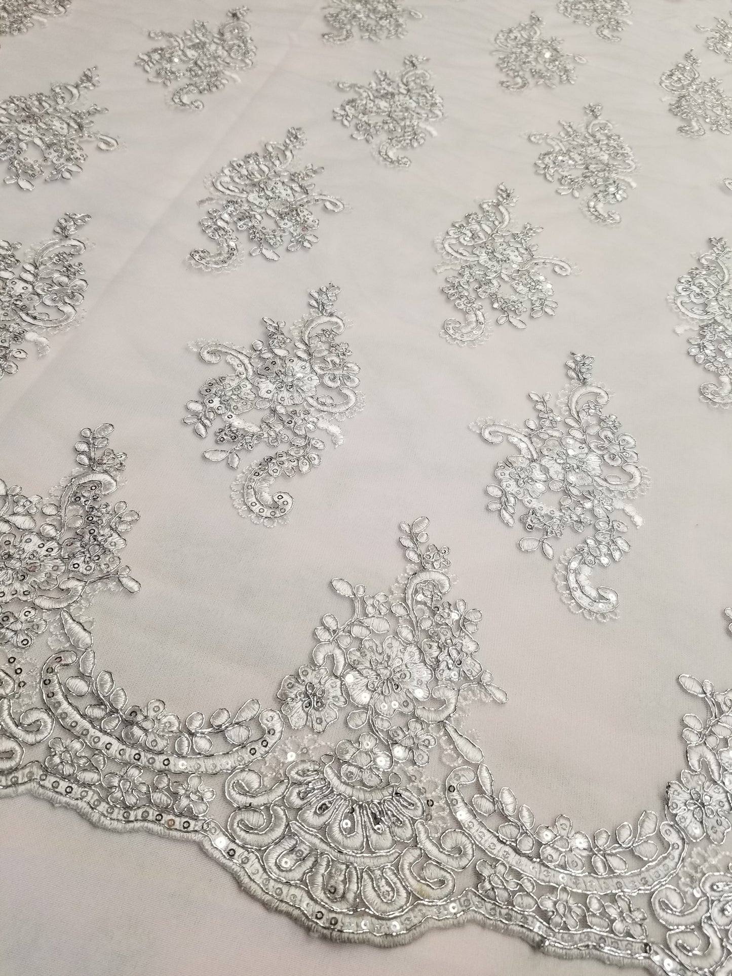 Off White French Corded Design-embroider With Sequins On A Mesh Lace Fabric-by Yard