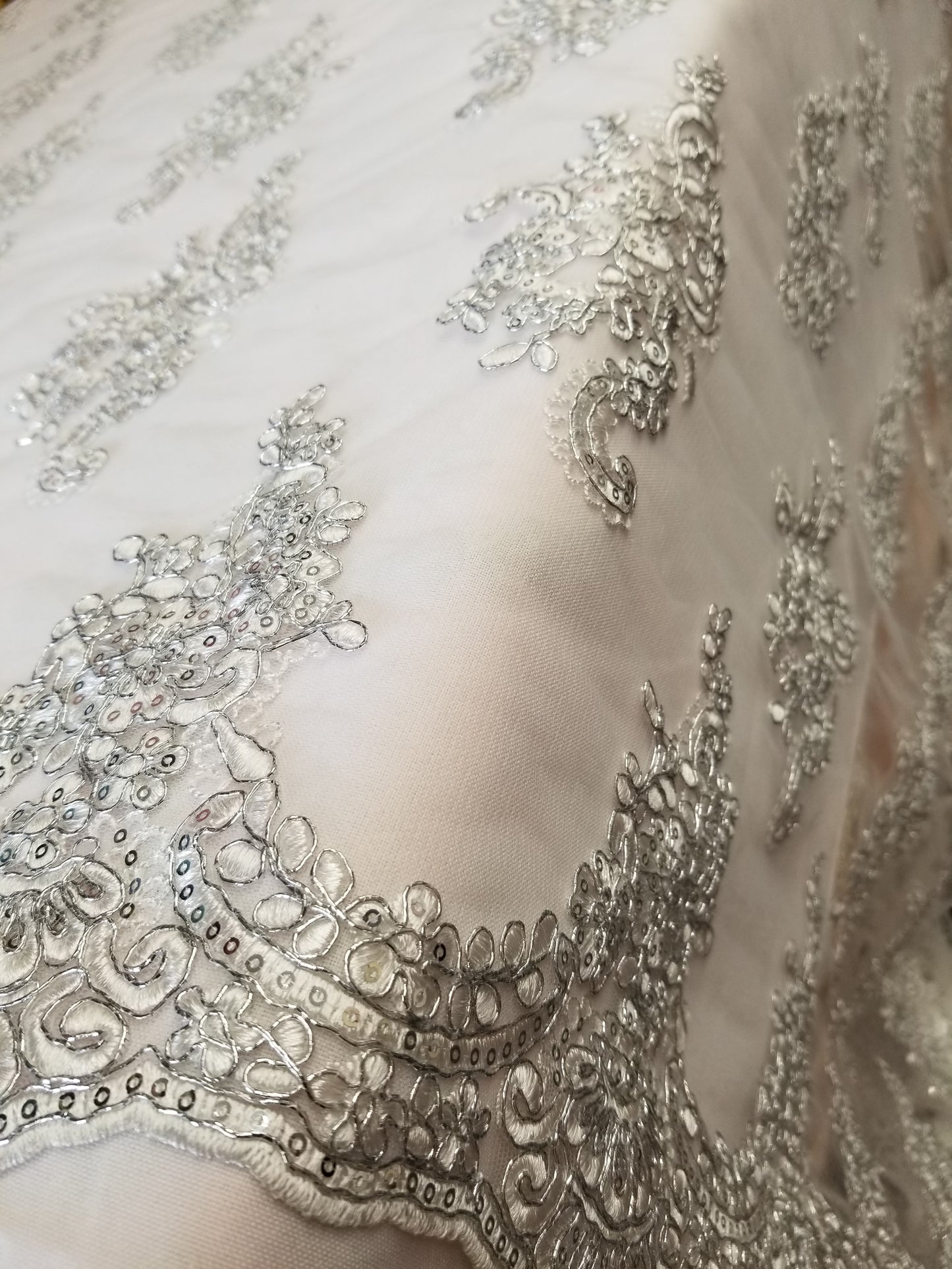 Off White French Corded Design-embroider With Sequins On A Mesh Lace Fabric-by Yard