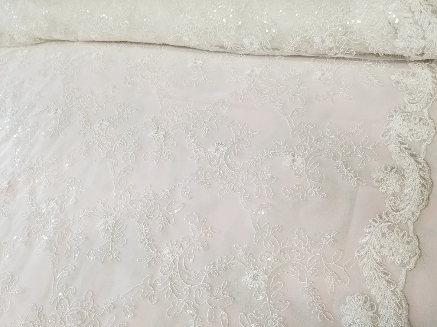 Dull Ivory French Corded Design-embroider With Sequins On A Mesh Lace Fabric-by Yard
