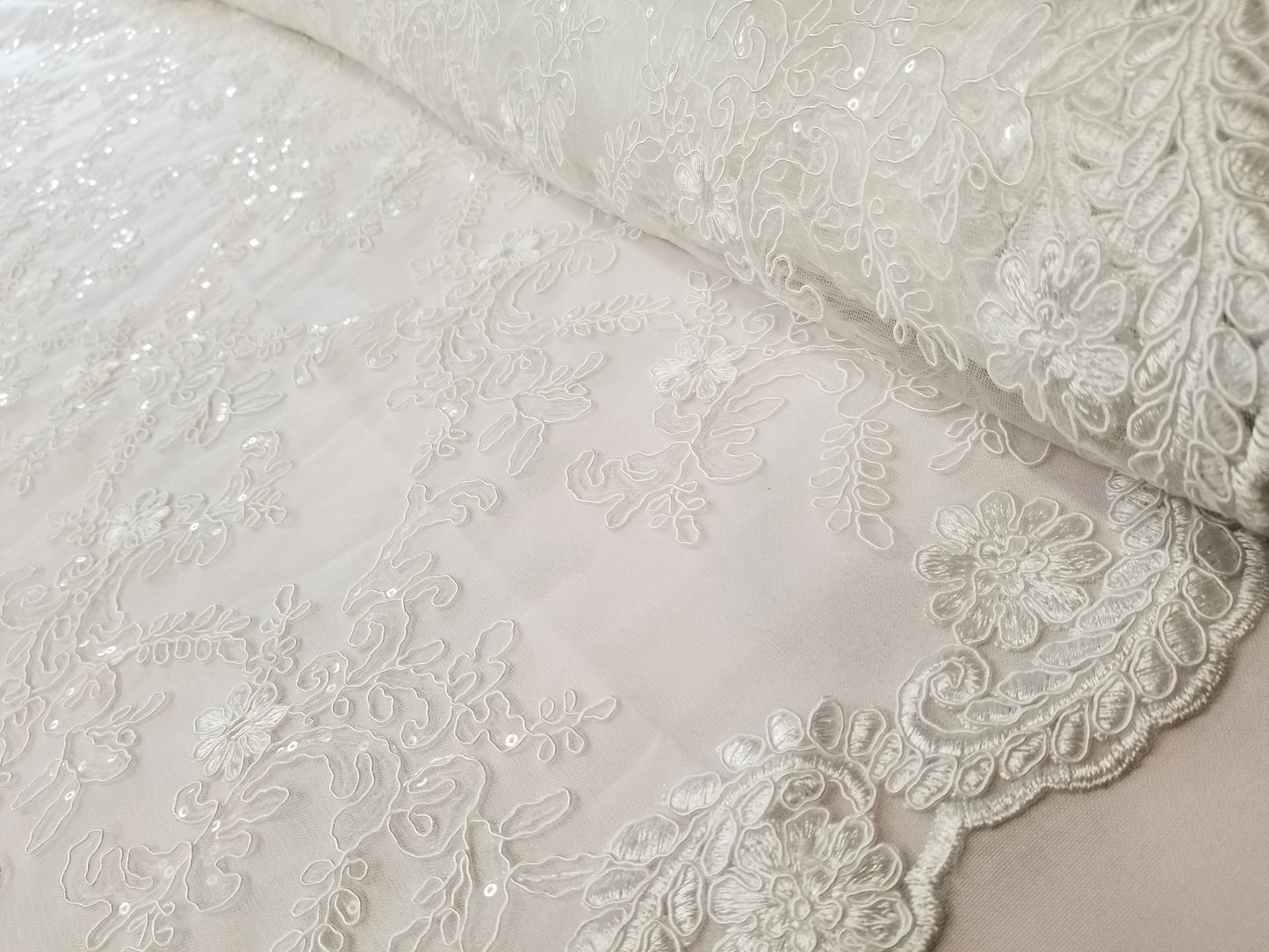 Dull Ivory French Corded Design-embroider With Sequins On A Mesh Lace Fabric-by Yard