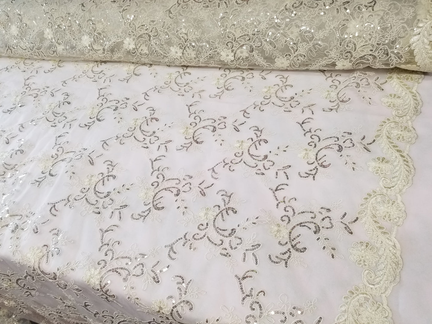 Ivory French Corded Design-embroider With Sequins On A Mesh Lace Fabric-by Yard