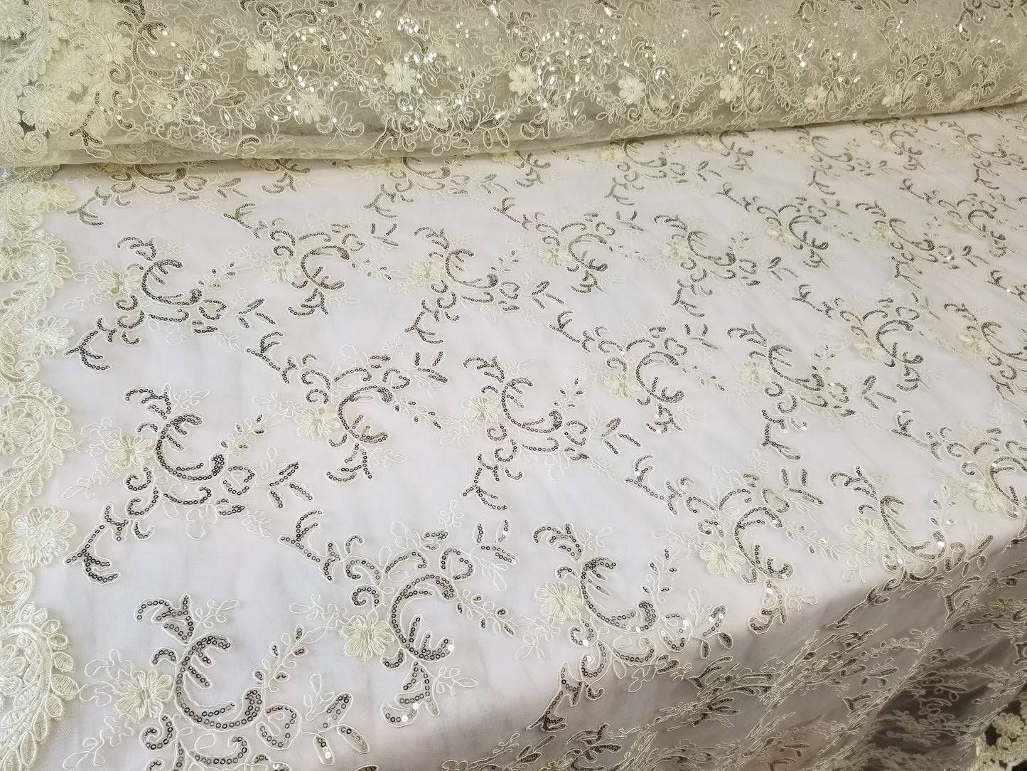 Ivory French Corded Design-embroider With Sequins On A Mesh Lace Fabric-by Yard
