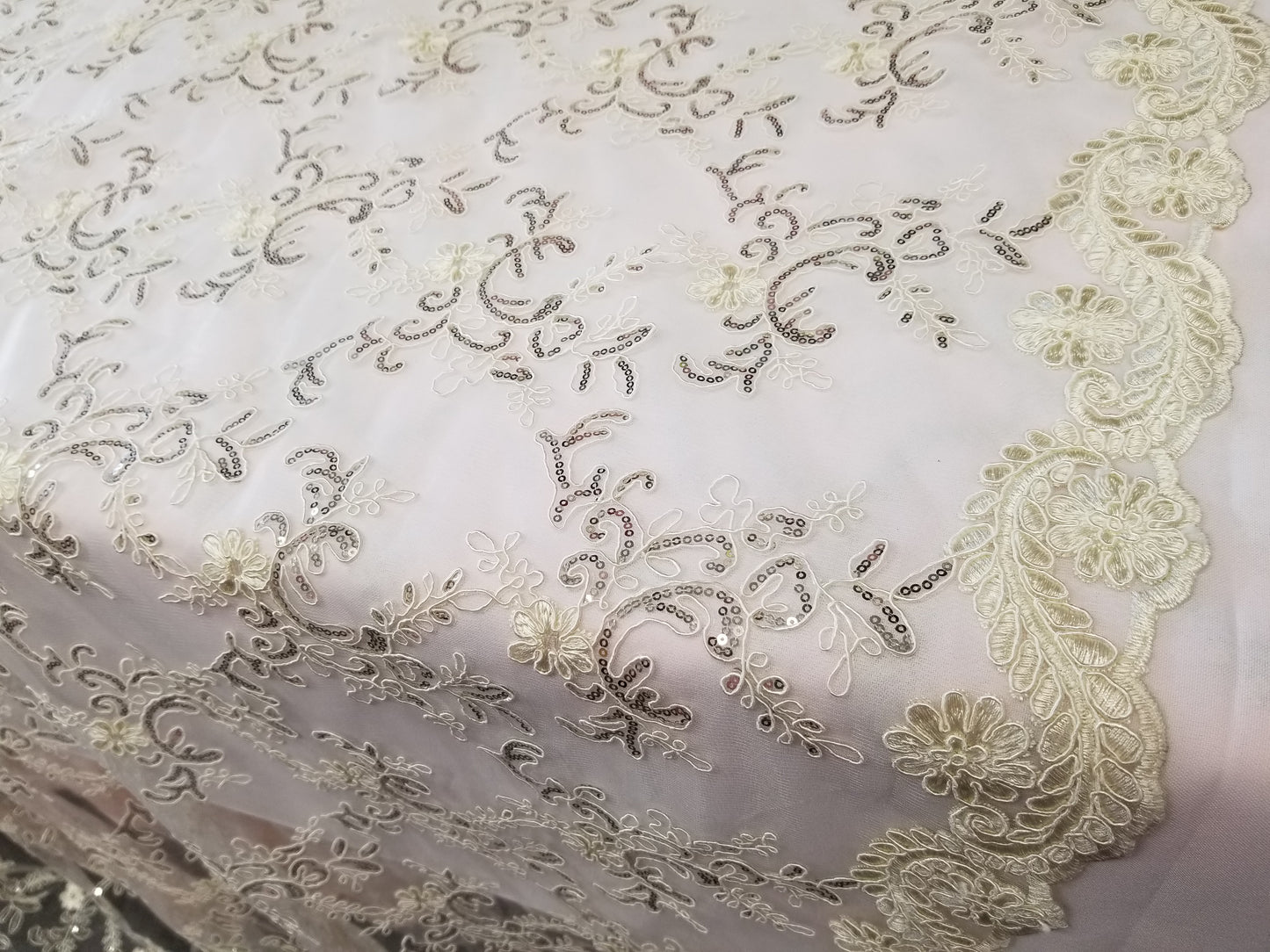 Ivory French Corded Design-embroider With Sequins On A Mesh Lace Fabric-by Yard